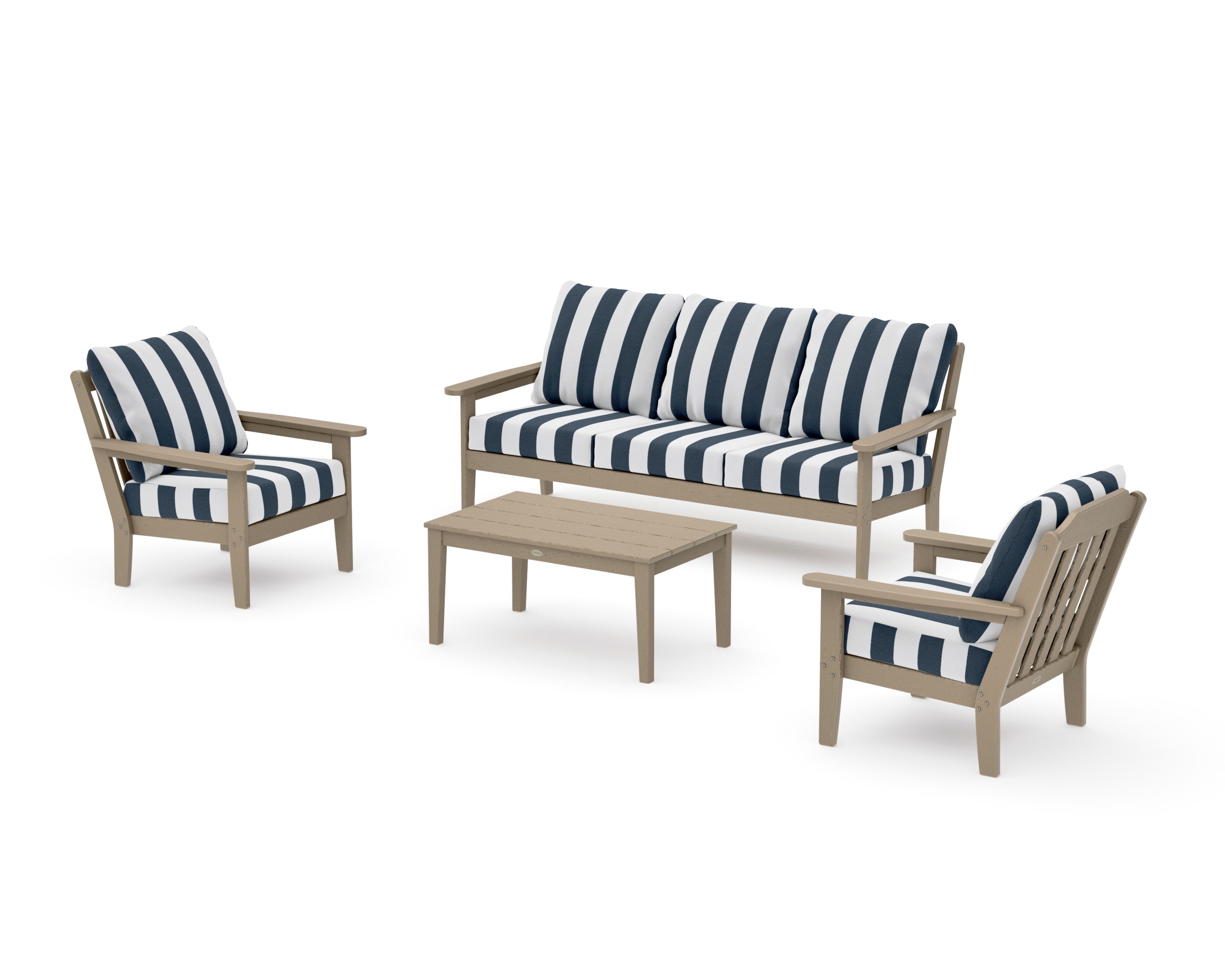 Cottage 4-Piece Deep Seating Set with Sofa in Vintage Sahara / Cabana Stripe Marine Indigo