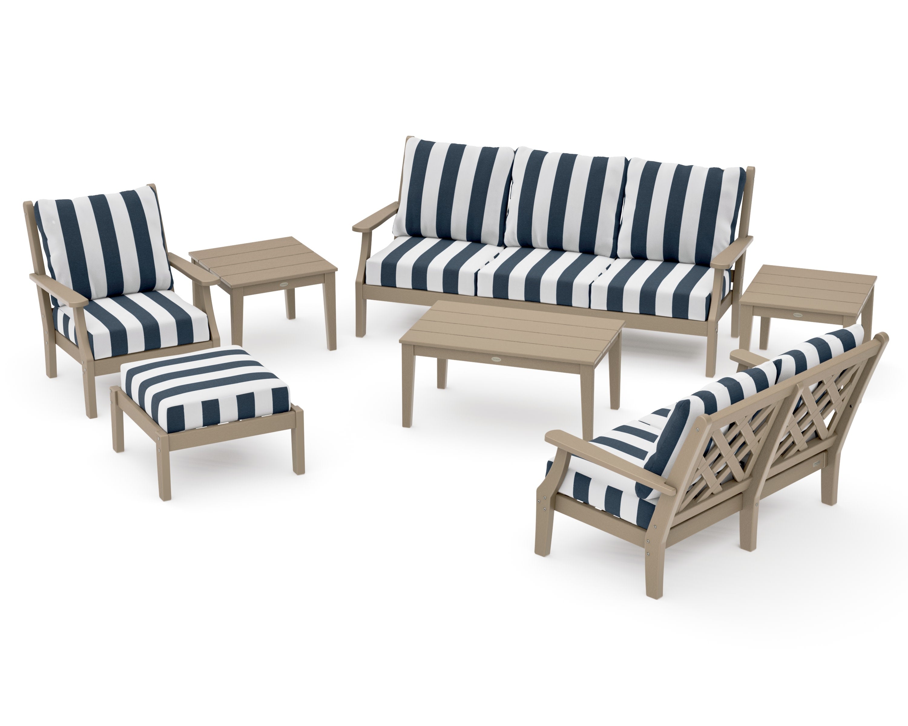Wovendale 7-Piece Deep Seating Set in Vintage Sahara / Cabana Stripe Marine Indigo