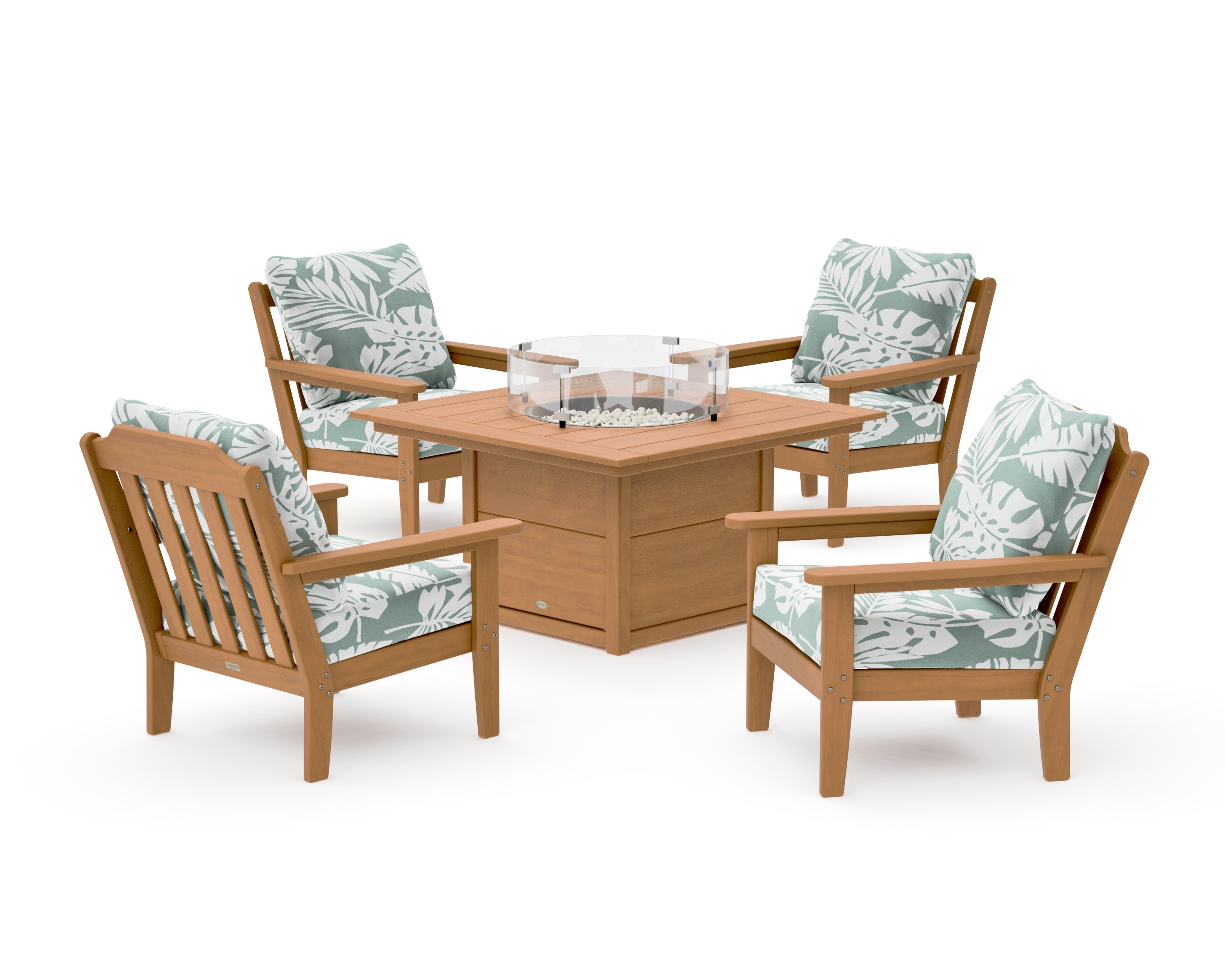 Cottage 5-Piece Deep Seating Set with Fire Pit Table in Natural / Leaf Glacier Spa