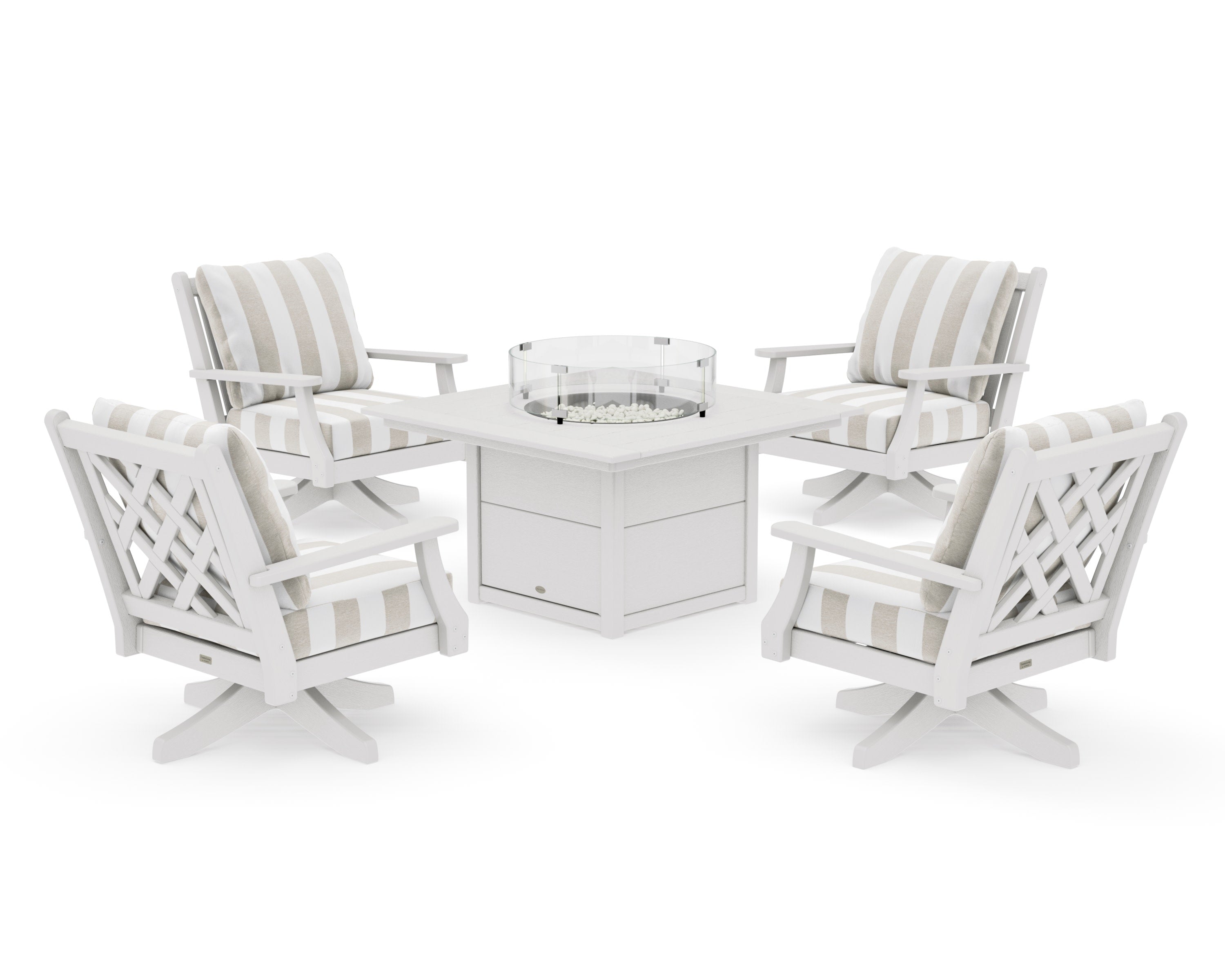 Wovendale 5-Piece Deep Seating Swivel Conversation Set with Fire Pit Table in Vintage White / Cabana Stripe Dune Burlap