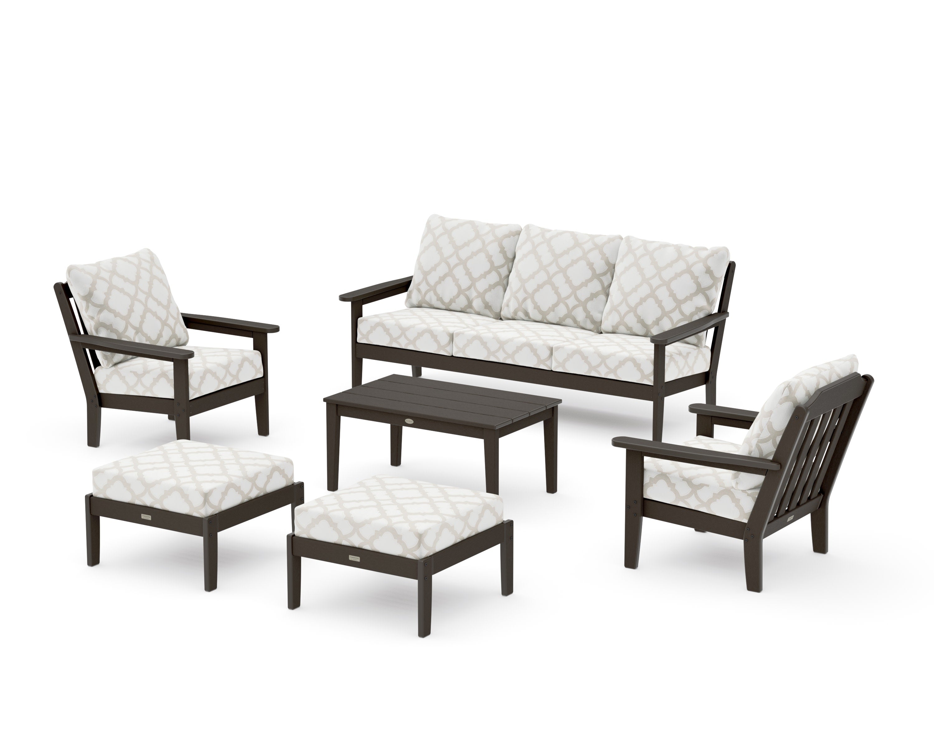 Cottage 6-Piece Lounge Sofa Set in Vintage Coffee / Trellis Dune Burlap