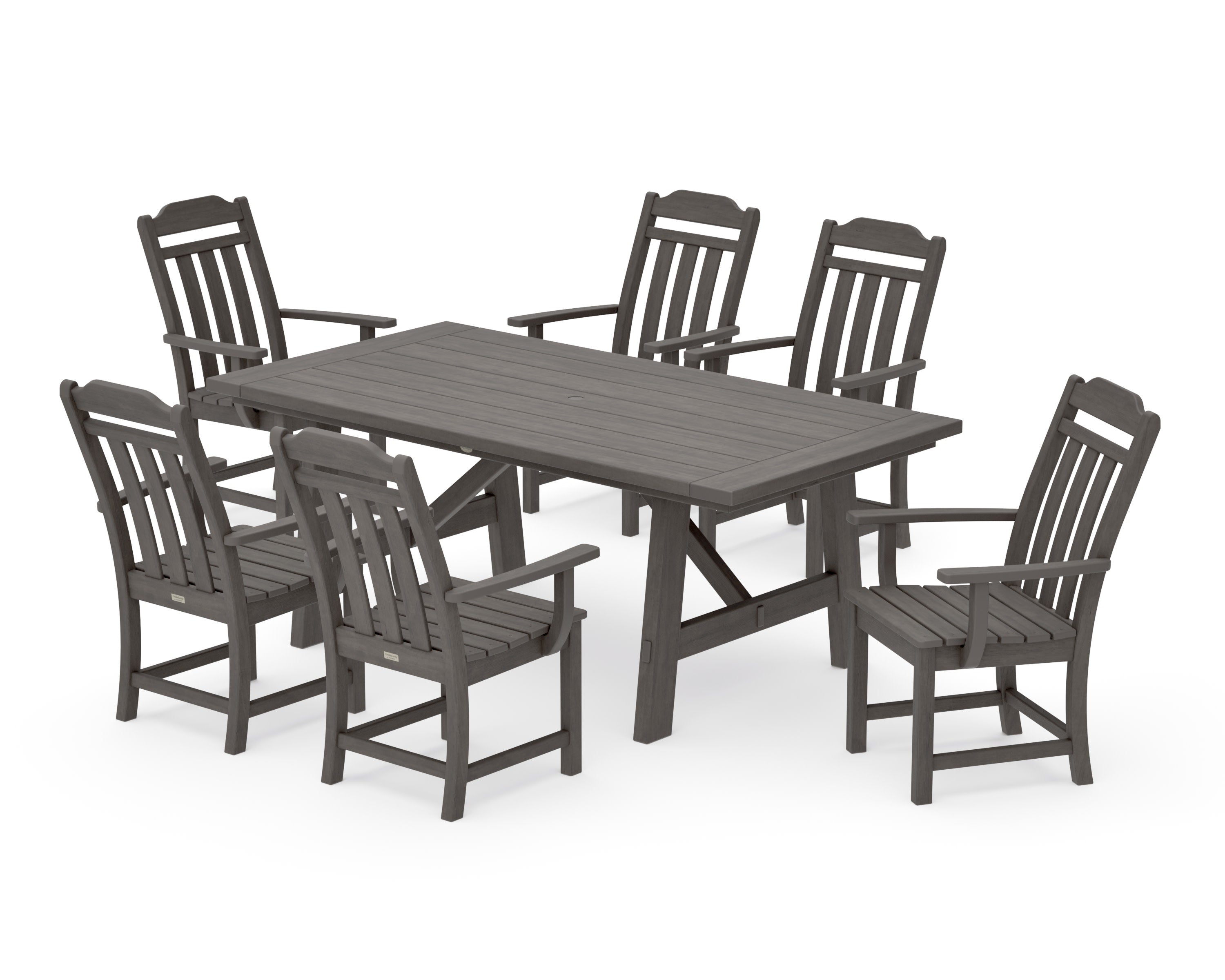 Cottage Arm Chair 7-Piece Rustic Farmhouse Dining Set in Driftwood