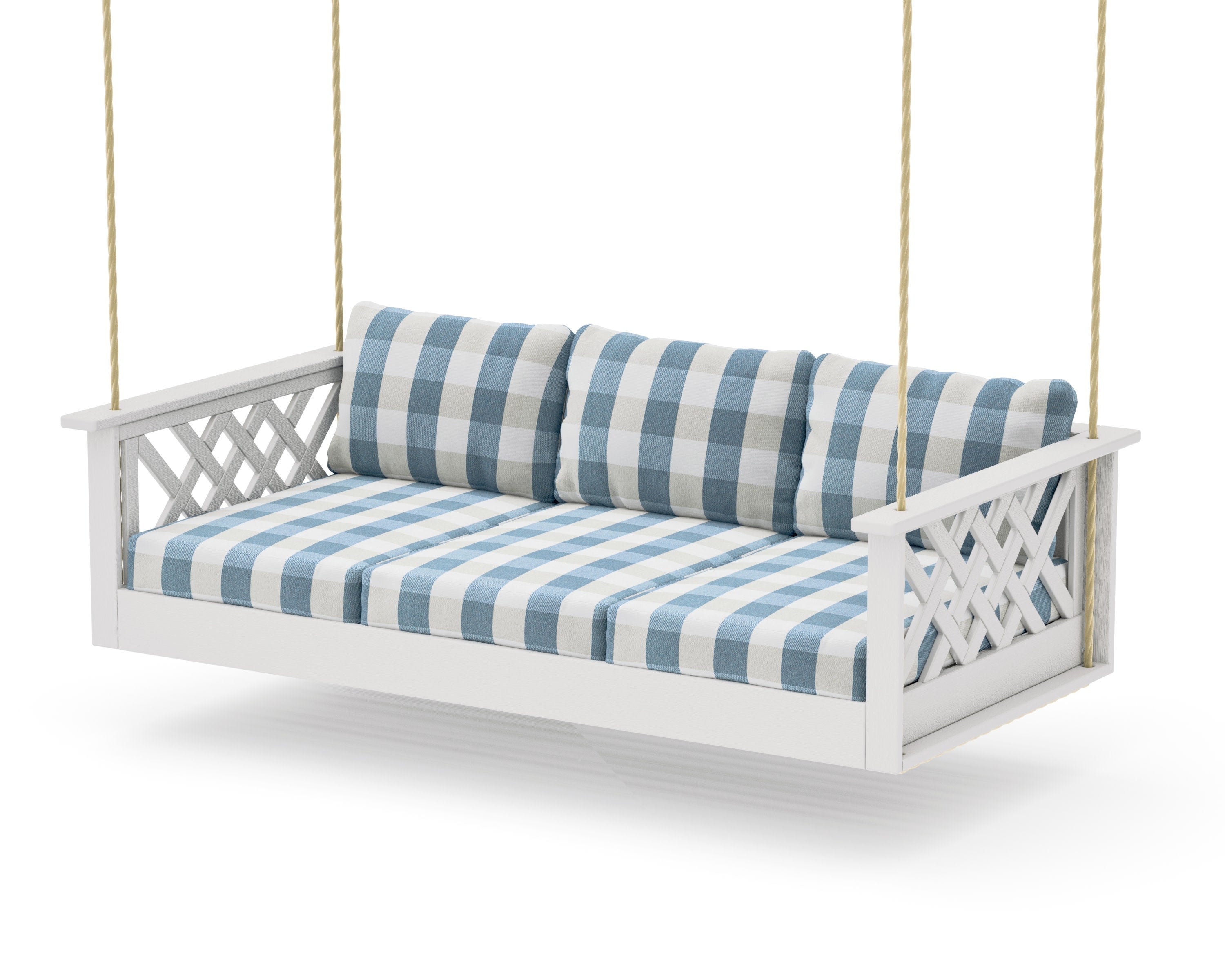 Wovendale Daybed Swing in Vintage White / Buffalo Plaid Sky Blue