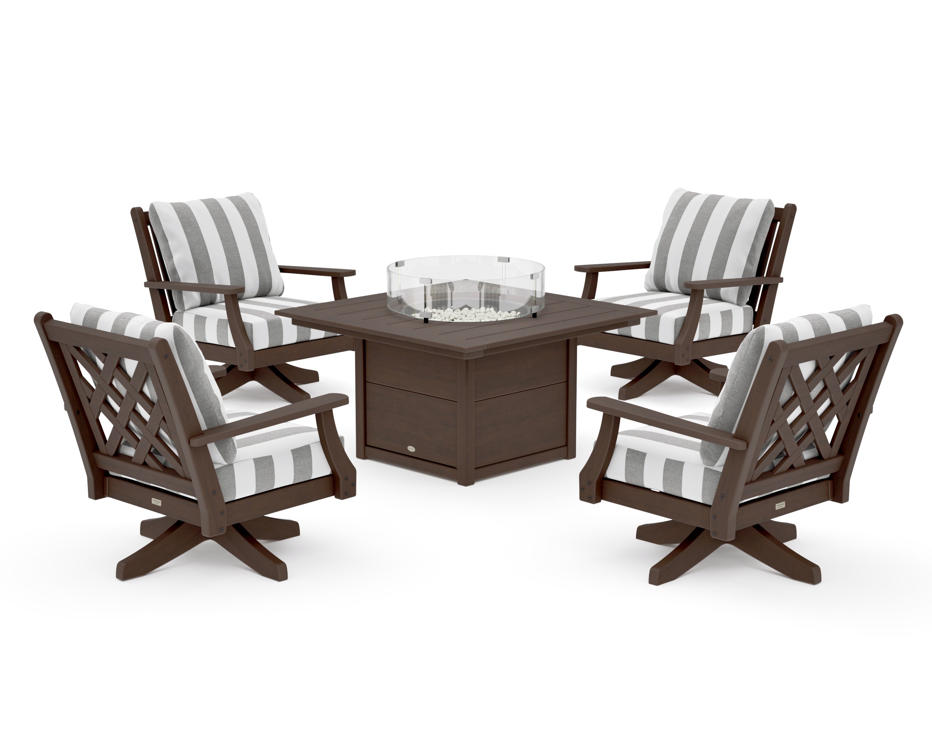 Wovendale 5-Piece Deep Seating Swivel Conversation Set with Fire Pit Table in Kona / Cabana Stripe Grey Mist
