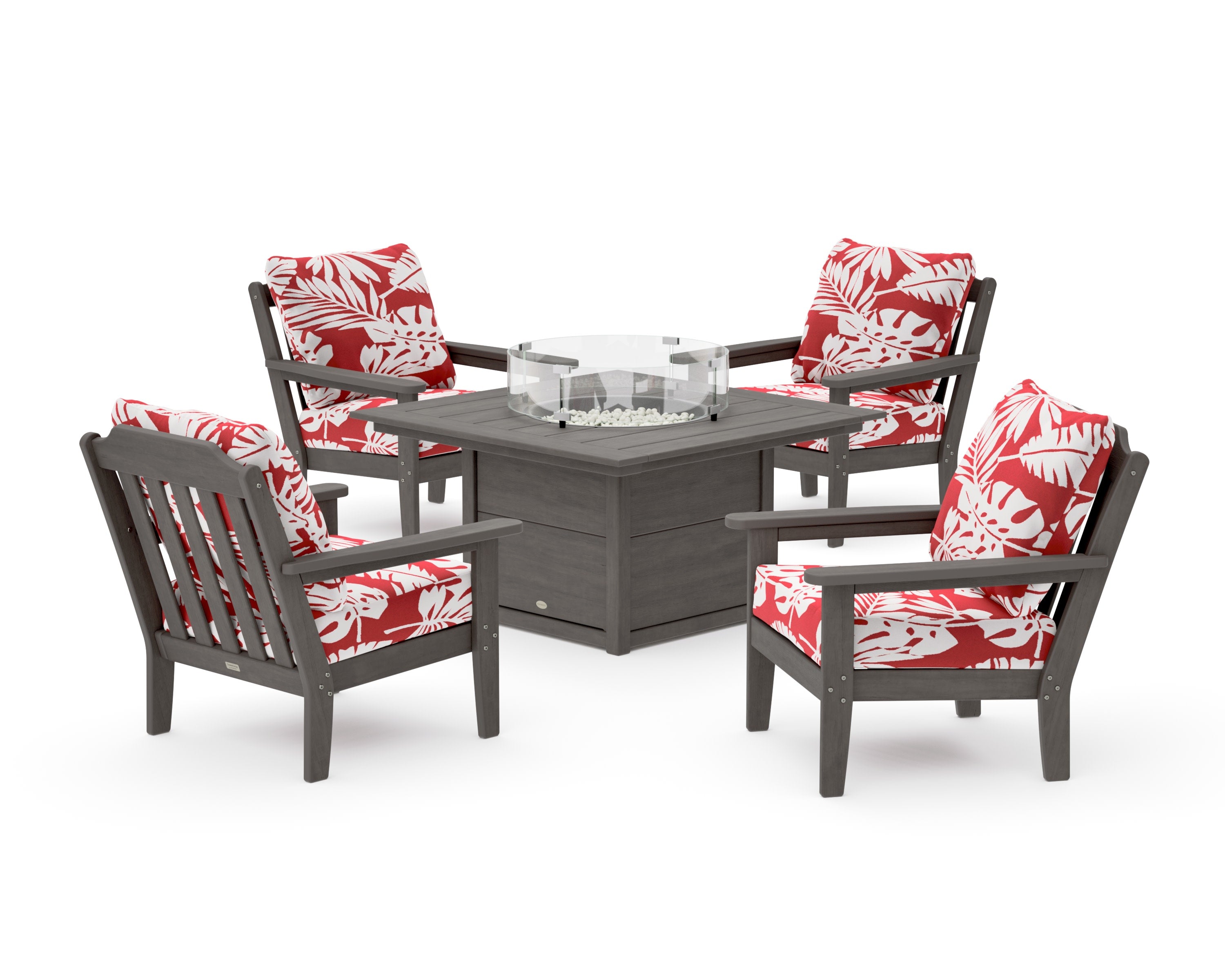 Cottage 5-Piece Deep Seating Set with Fire Pit Table in Driftwood / Leaf Crimson