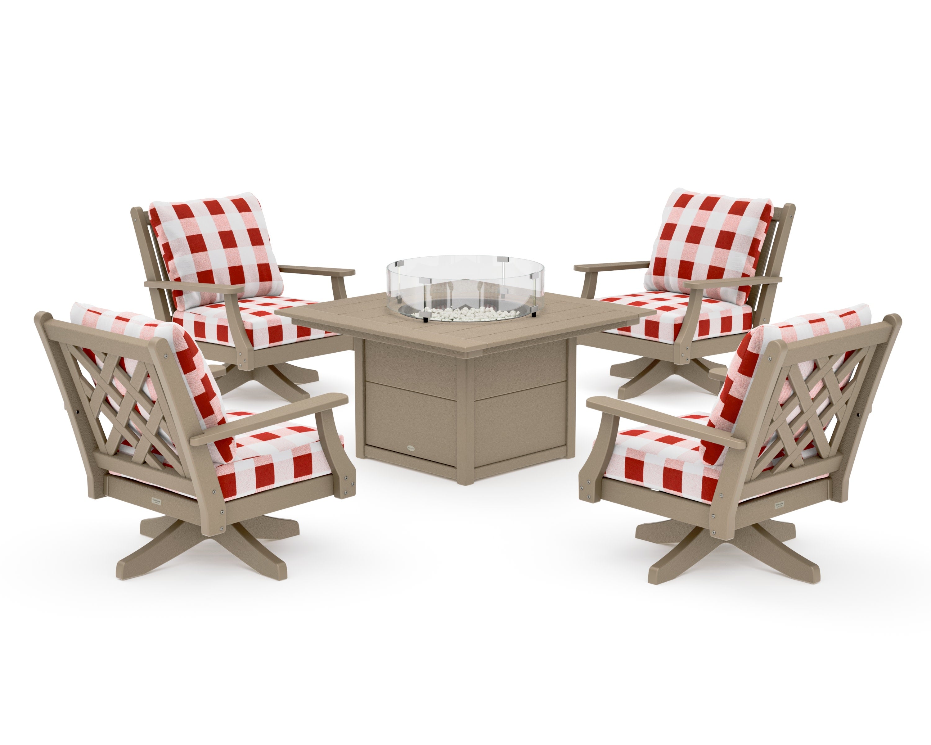 Wovendale 5-Piece Deep Seating Swivel Conversation Set with Fire Pit Table in Vintage Sahara / Buffalo Plaid Crimson