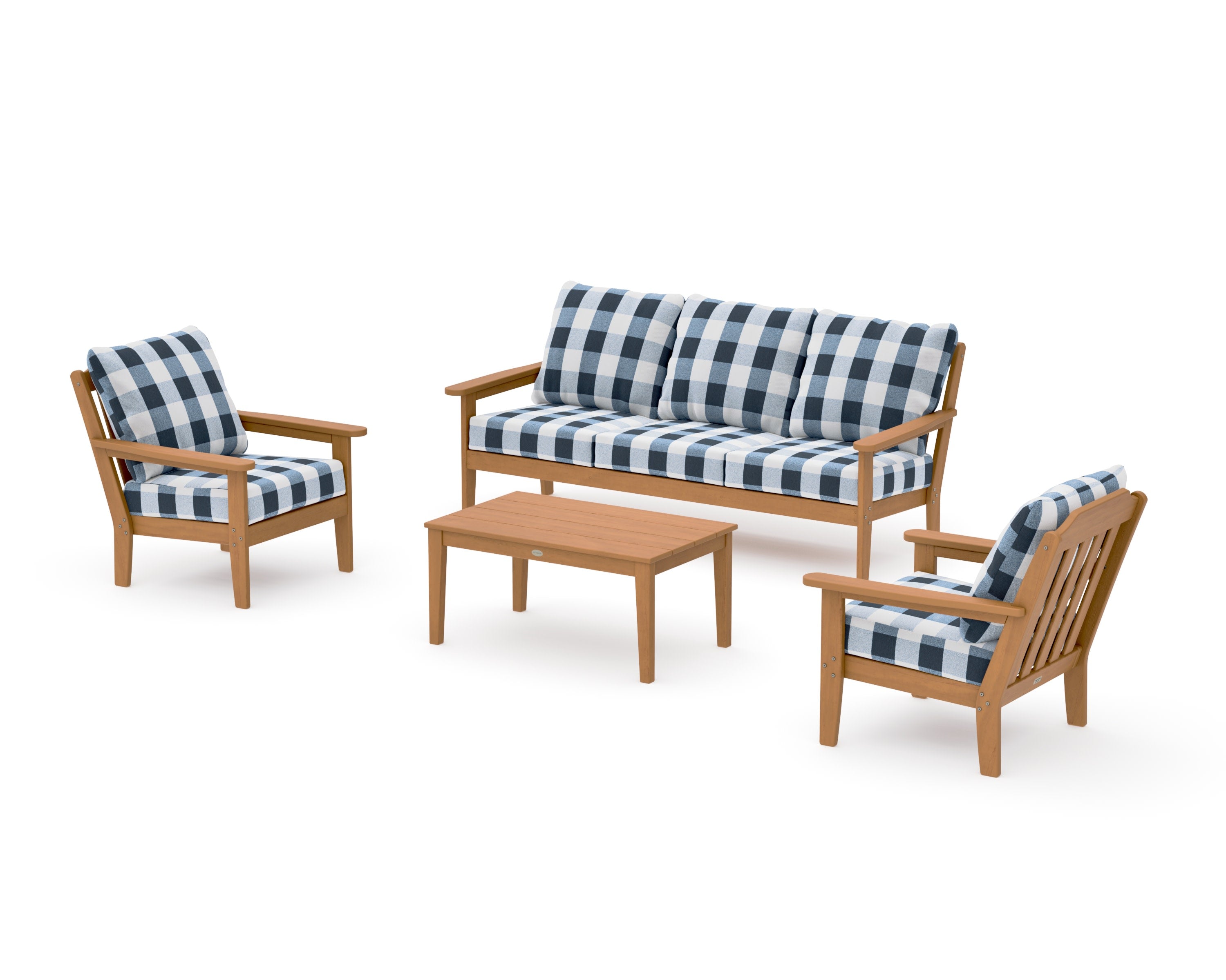 Cottage 4-Piece Deep Seating Set with Sofa in Natural / Buffalo Plaid Marine Indigo