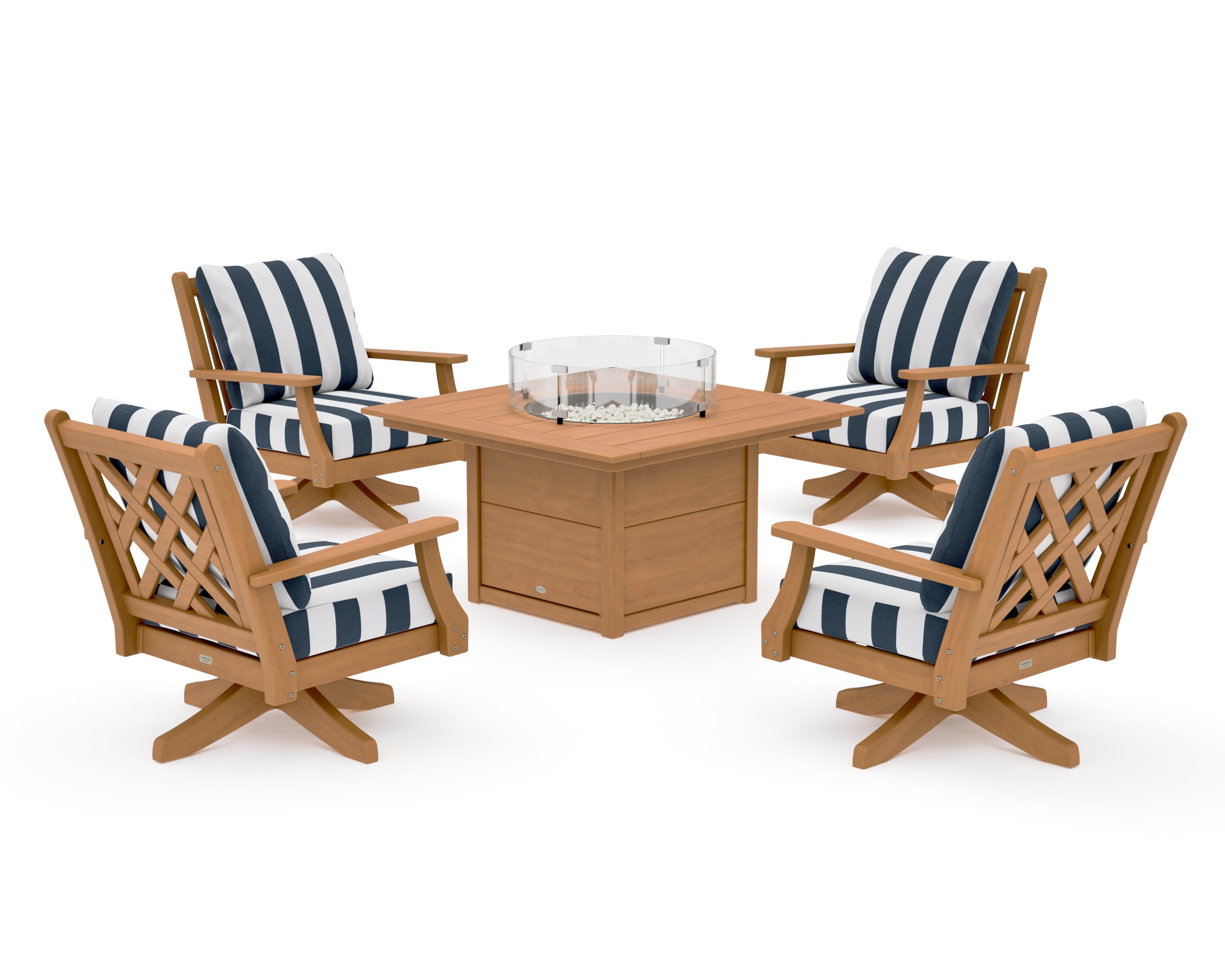 Wovendale 5-Piece Deep Seating Swivel Conversation Set with Fire Pit Table in Natural / Cabana Stripe Marine Indigo