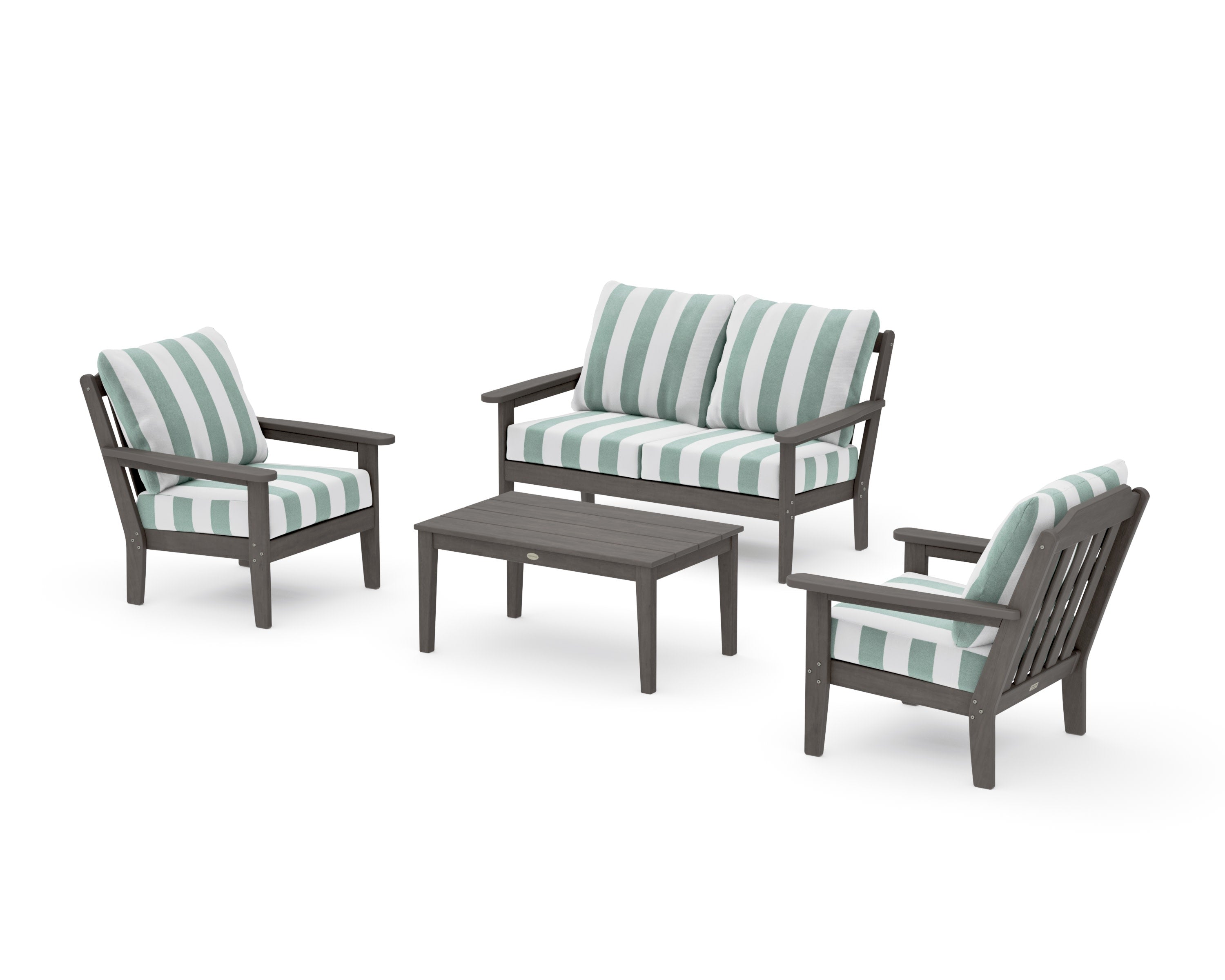 Cottage 4-Piece Deep Seating Set with Loveseat in Driftwood / Cabana Stripe Glacier Spa