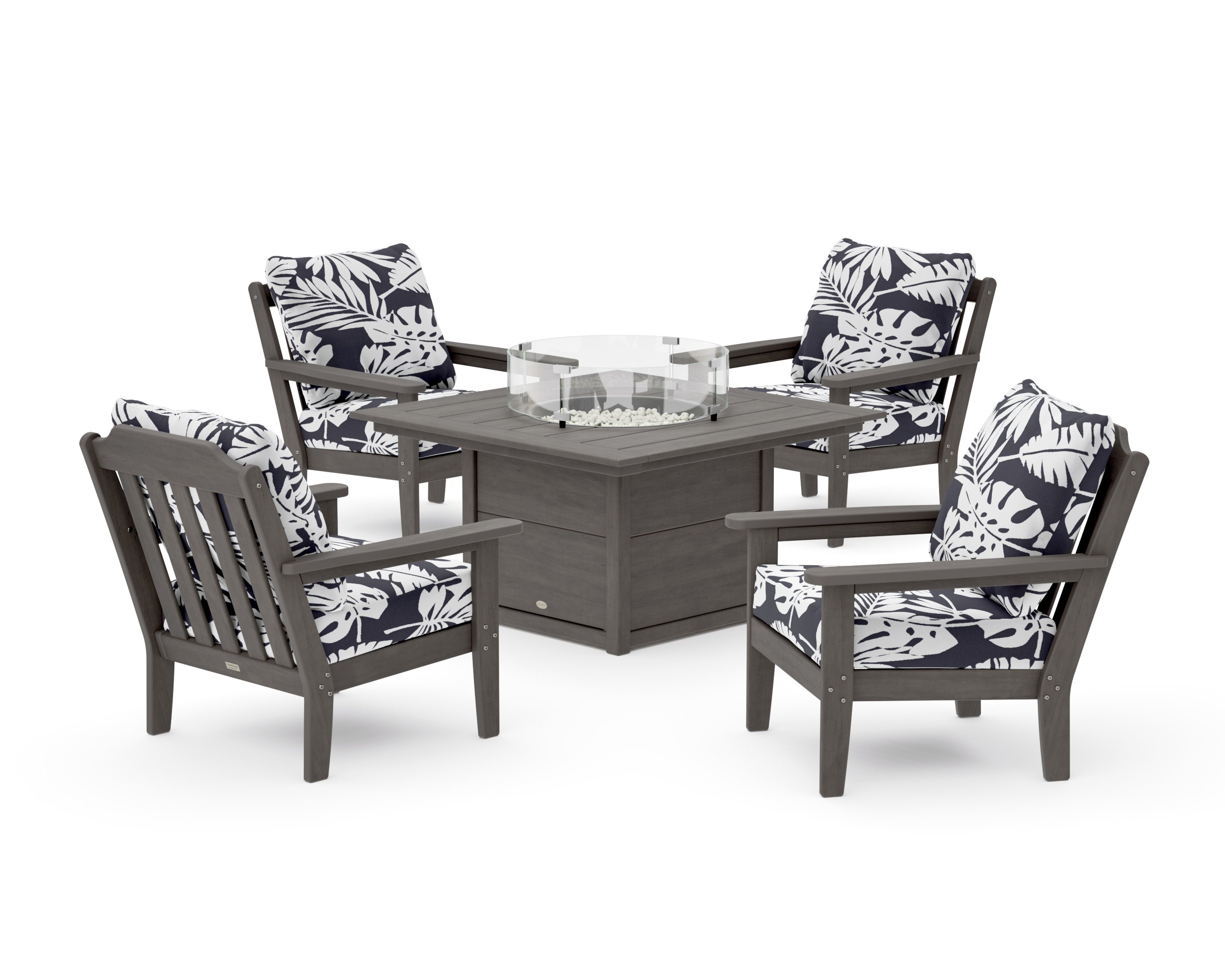 Cottage 5-Piece Deep Seating Set with Fire Pit Table in Driftwood / Leaf Navy