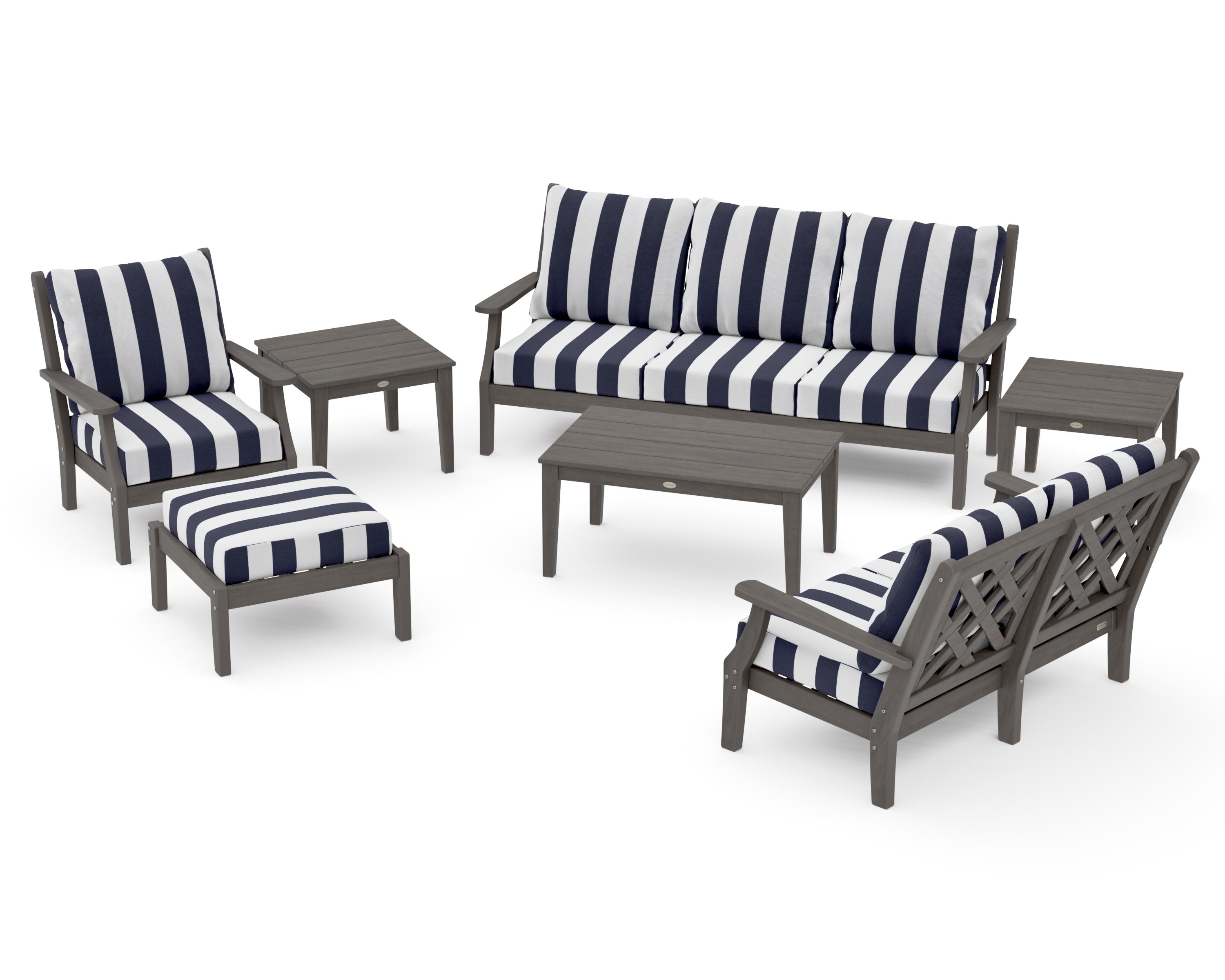 Wovendale 7-Piece Deep Seating Set in Driftwood / Cabana Stripe Navy