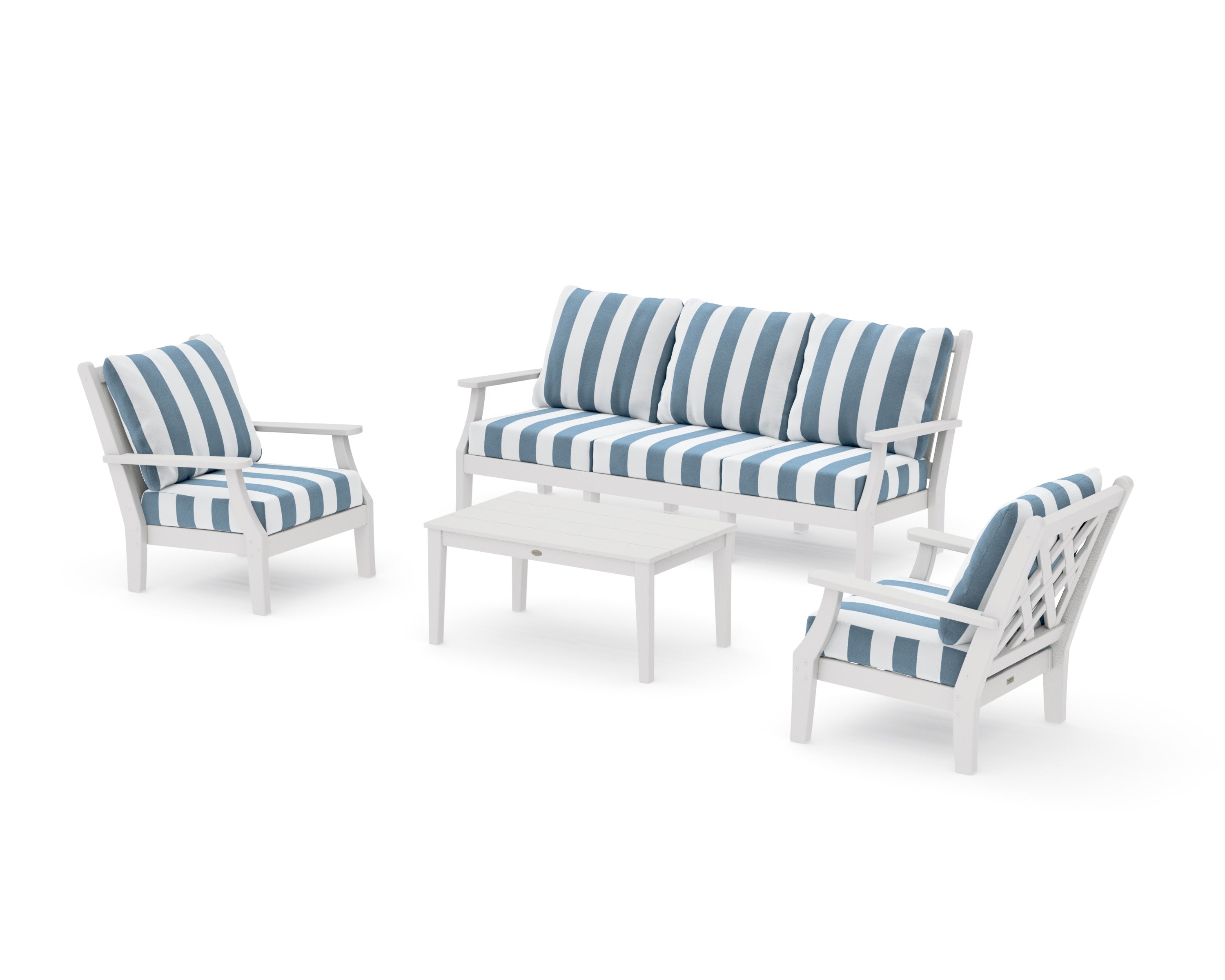 Wovendale 4-Piece Deep Seating Set with Sofa in Vintage White / Cabana Stripe Sky Blue