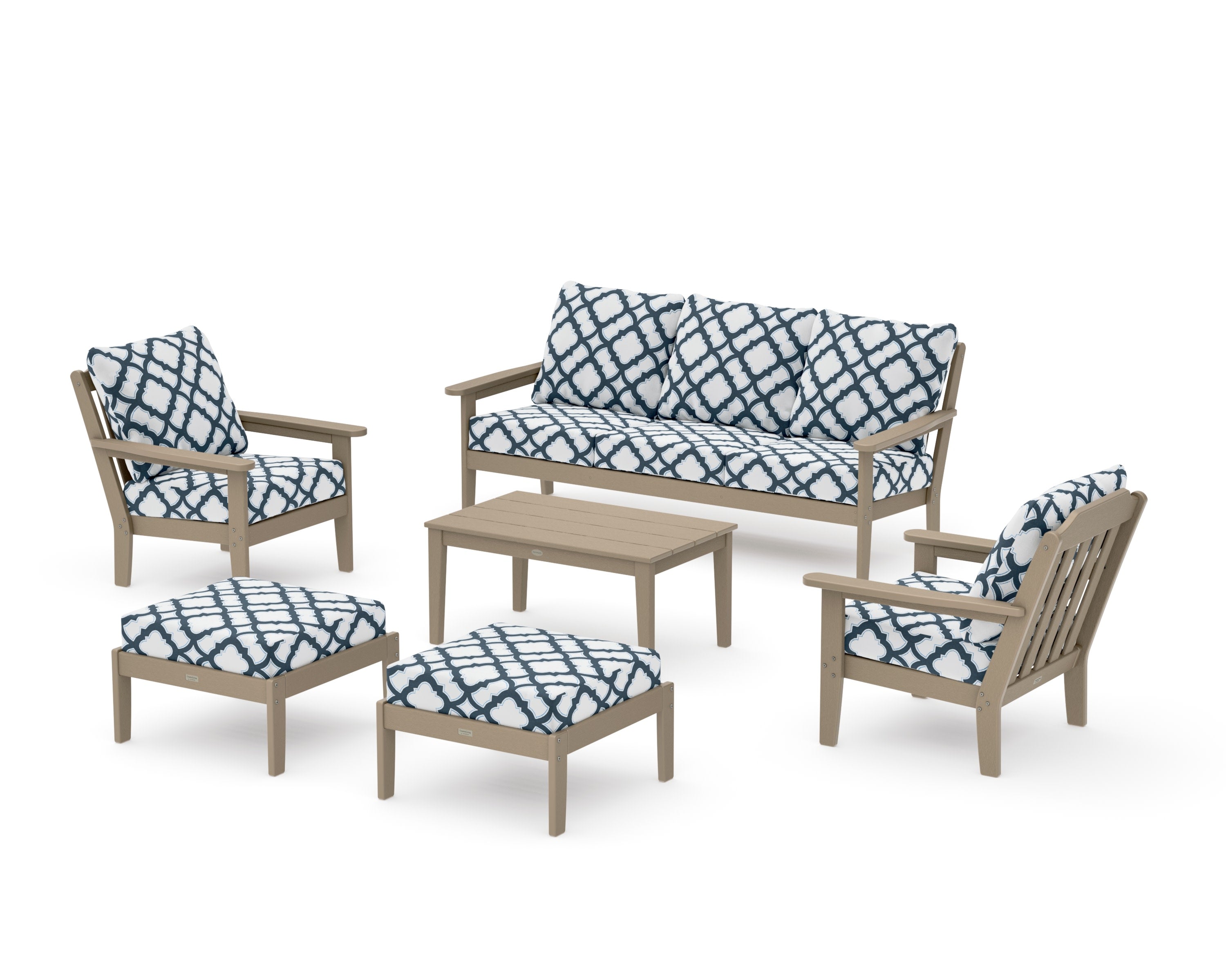 Cottage 6-Piece Lounge Sofa Set in Vintage Sahara / Trellis Marine Indigo