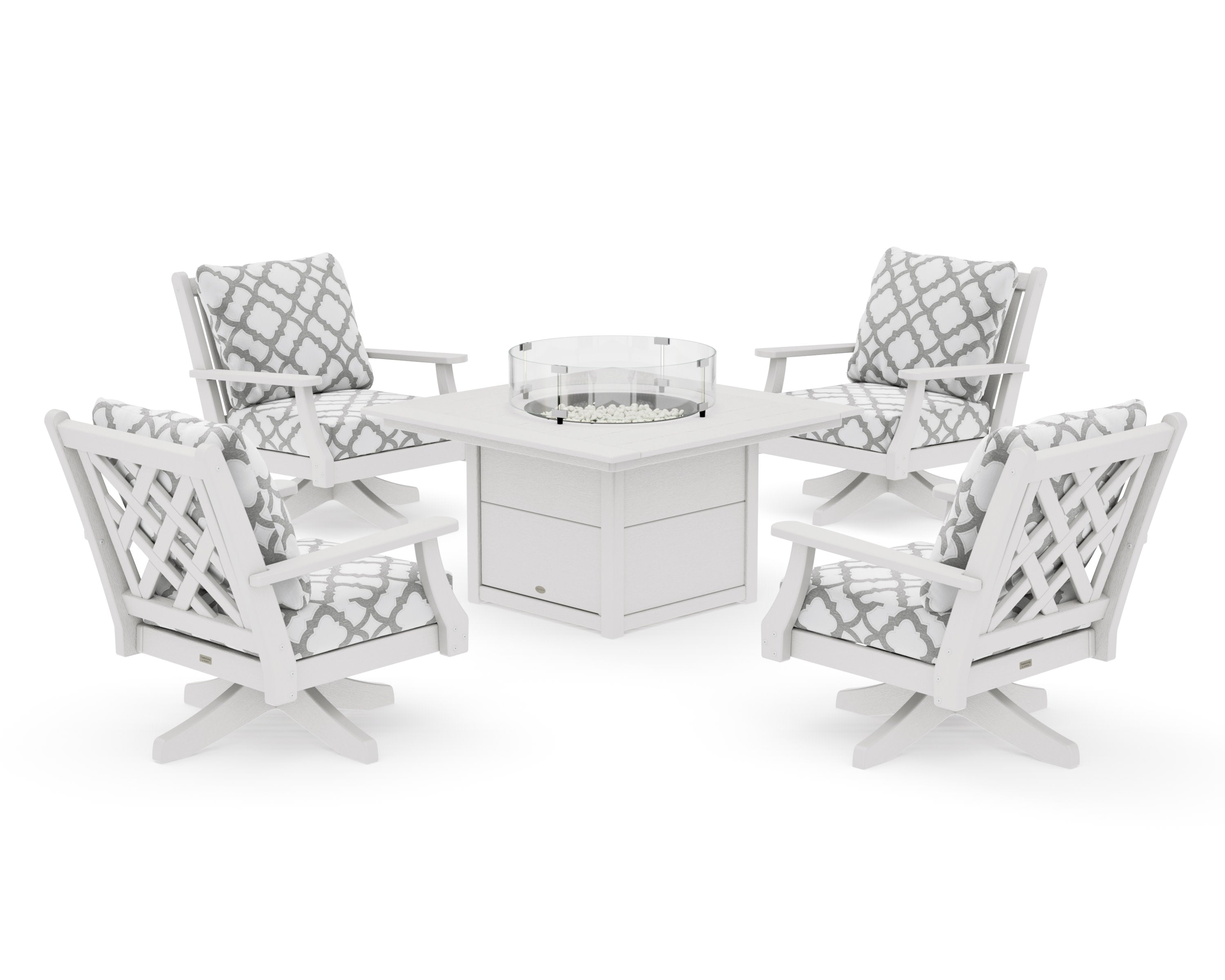 Wovendale 5-Piece Deep Seating Swivel Conversation Set with Fire Pit Table in Vintage White / Trellis Grey Mist