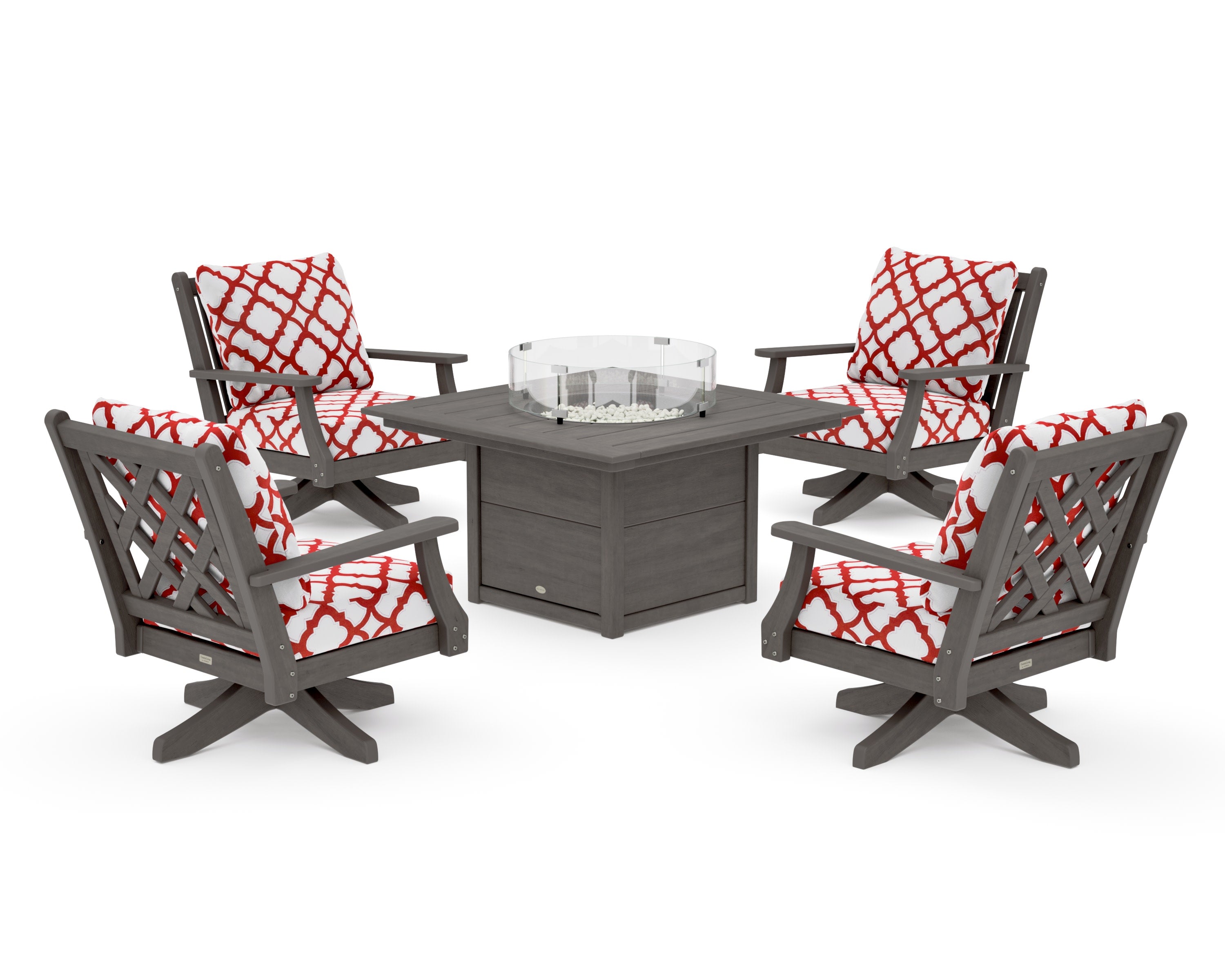 Wovendale 5-Piece Deep Seating Swivel Conversation Set with Fire Pit Table in Driftwood / Trellis Crimson