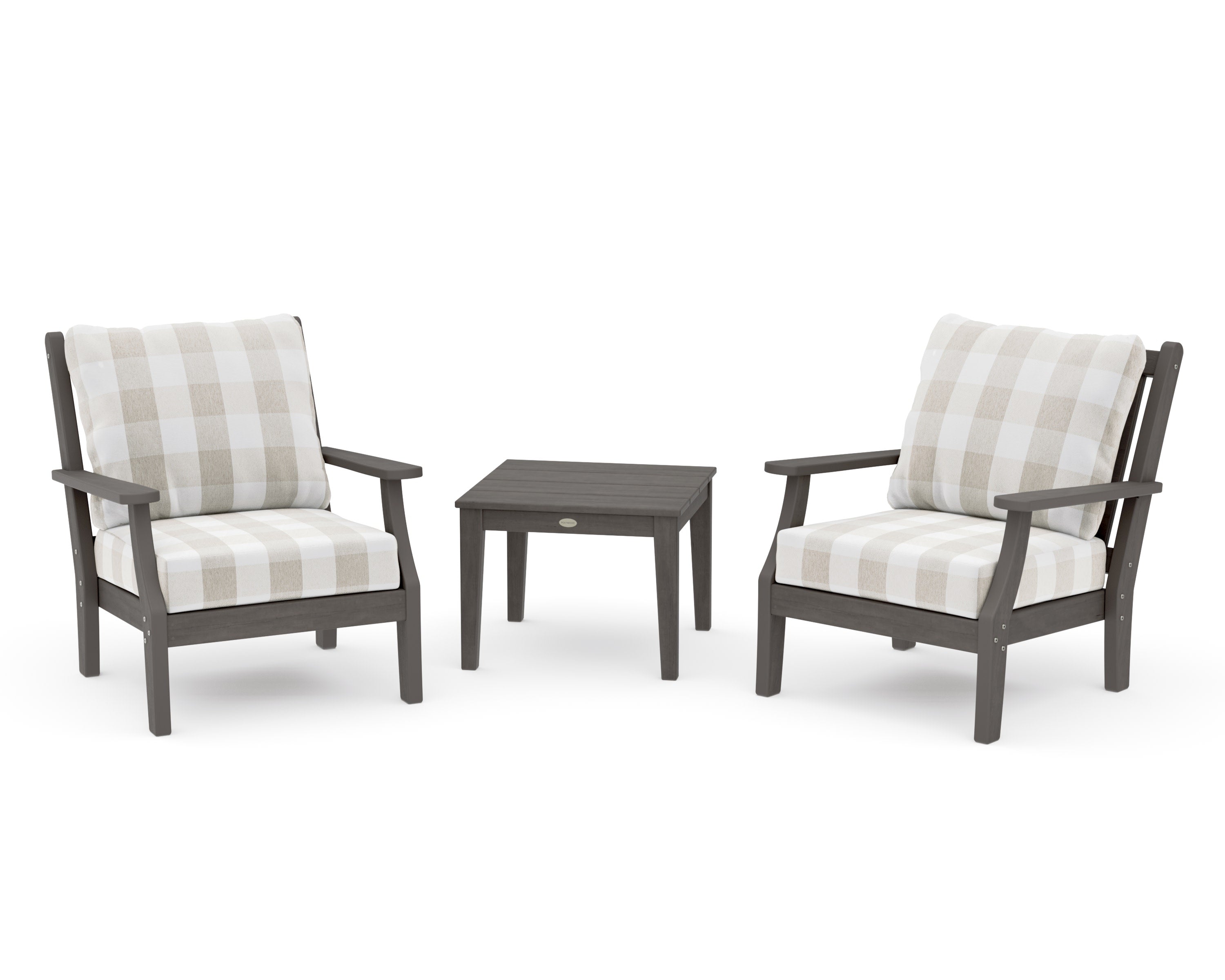 Wovendale 3-Piece Deep Seating Set in Driftwood / Buffalo Plaid Dune Burlap