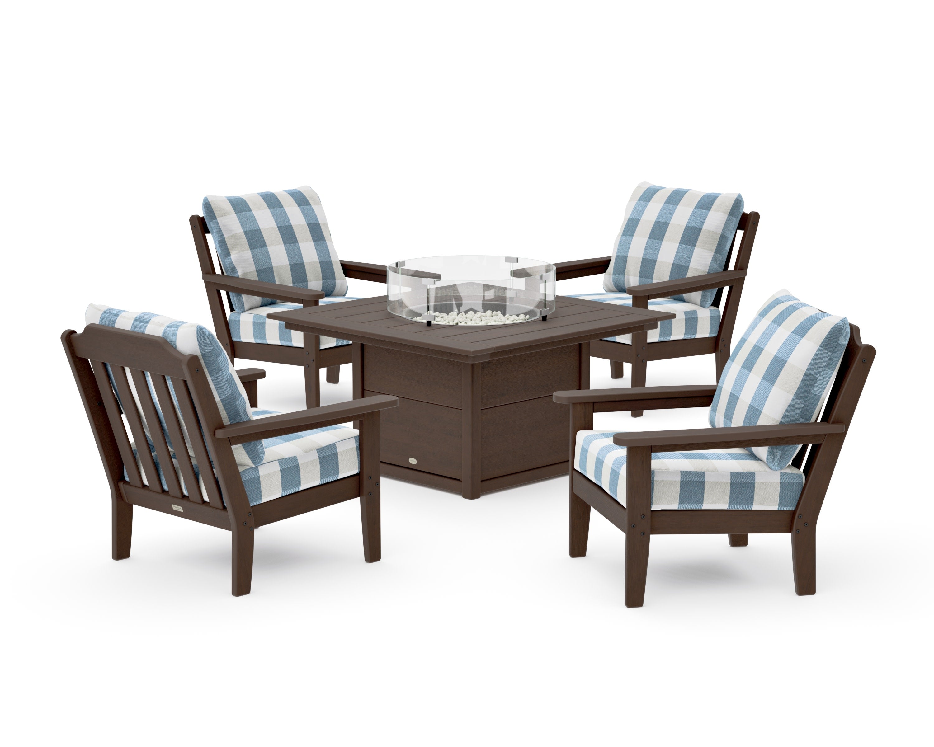 Cottage 5-Piece Deep Seating Set with Fire Pit Table in Kona / Buffalo Plaid Sky Blue