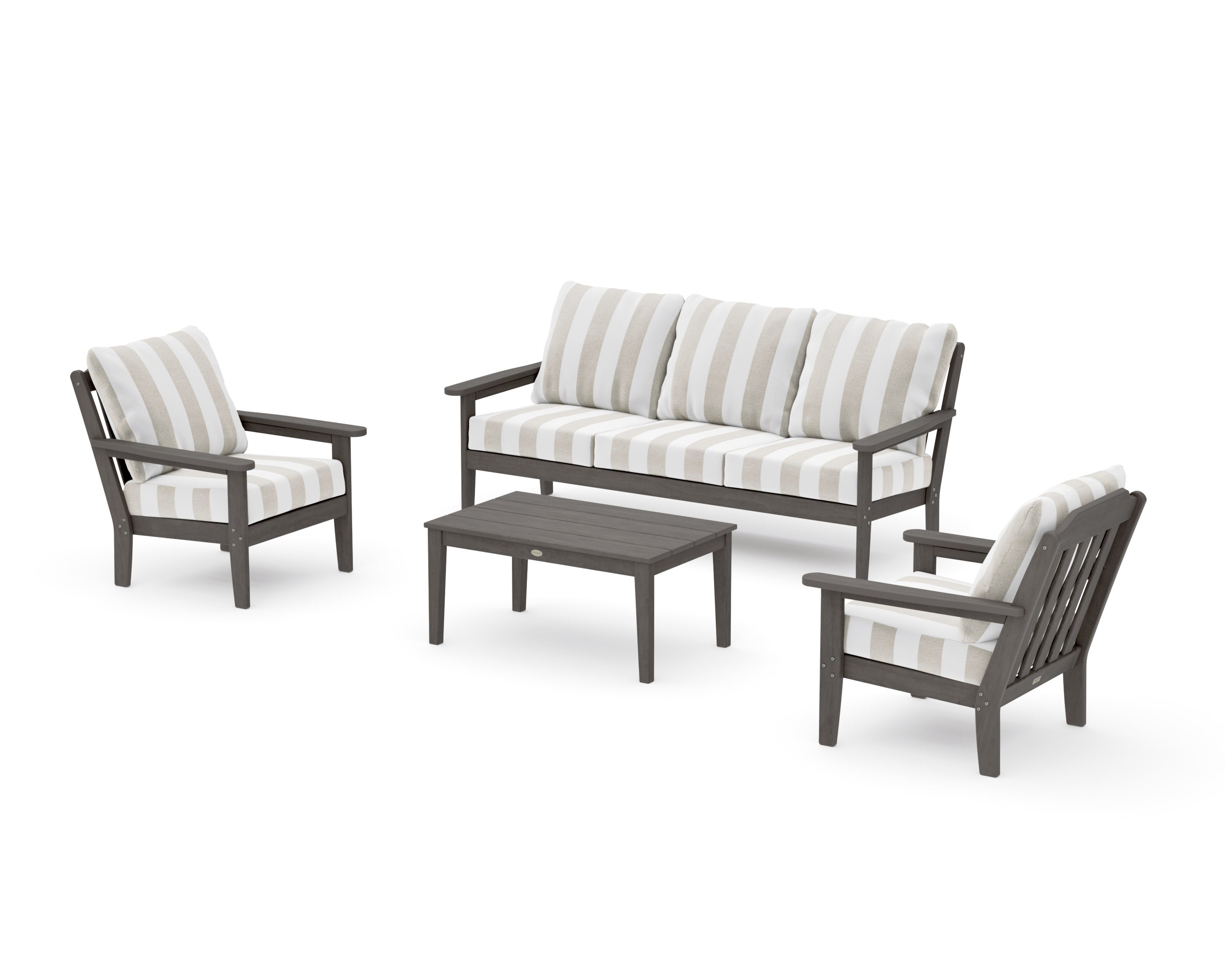 Cottage 4-Piece Deep Seating Set with Sofa in Driftwood / Cabana Stripe Dune Burlap