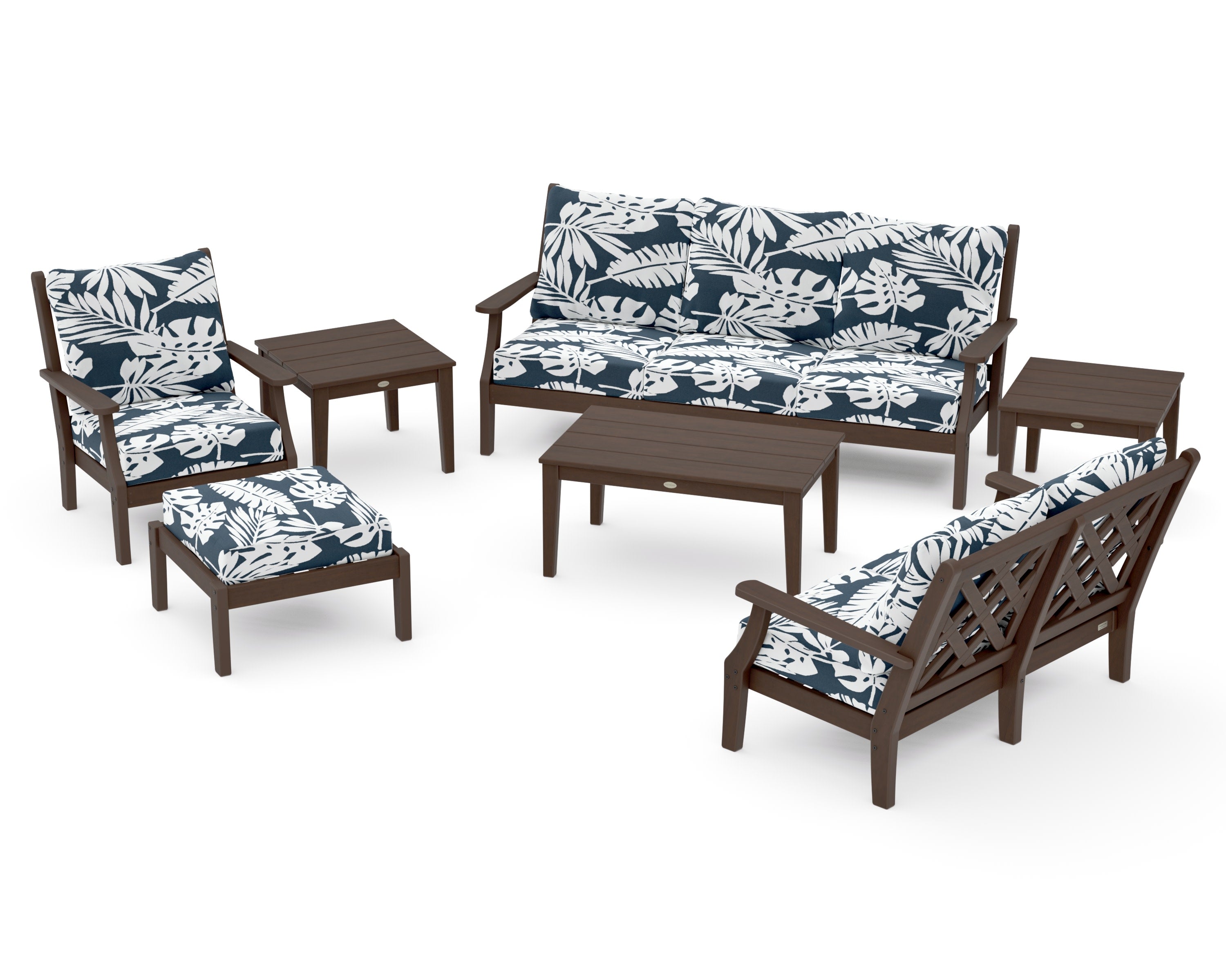 Wovendale 7-Piece Deep Seating Set in Kona / Leaf Marine Indigo