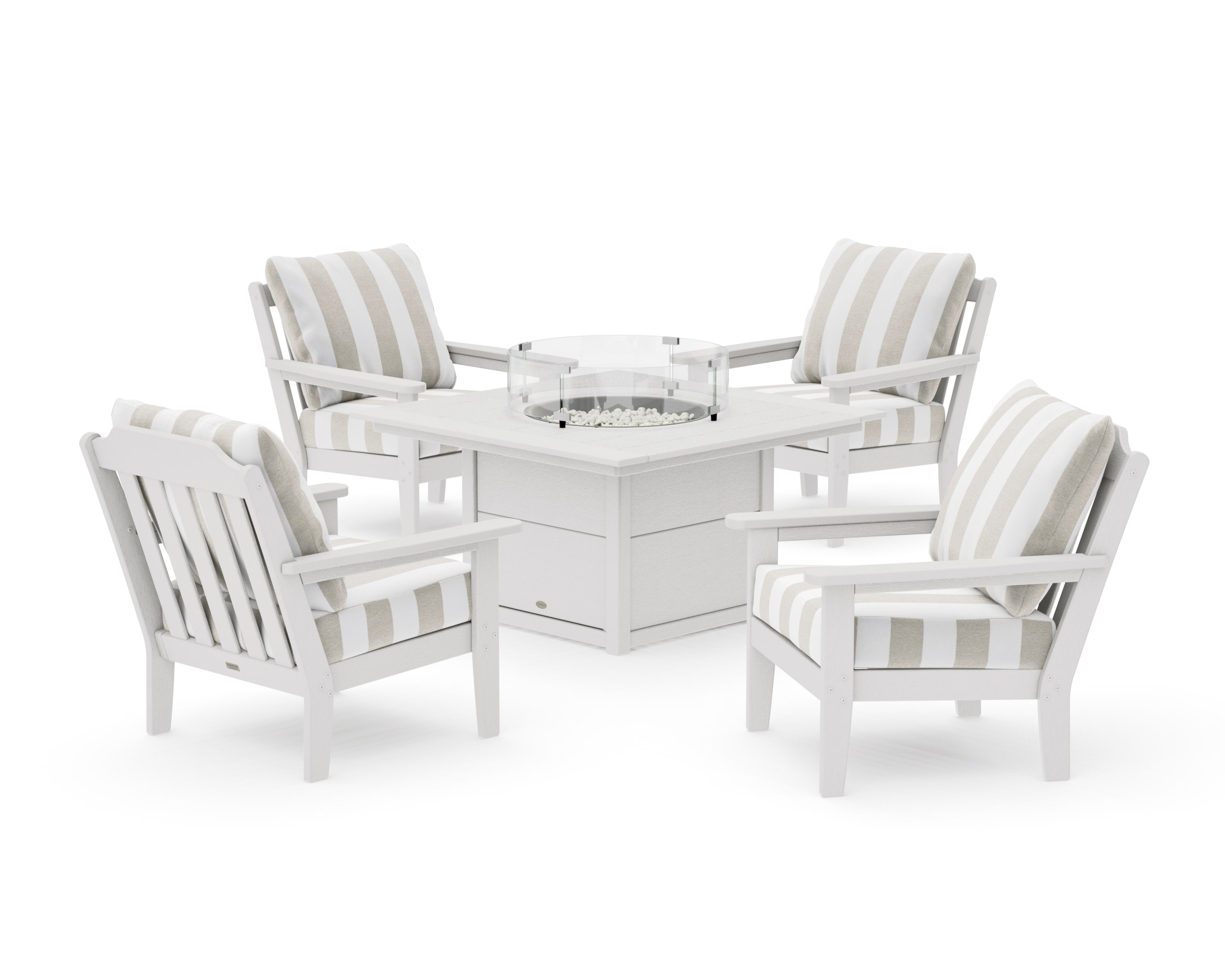 Cottage 5-Piece Deep Seating Set with Fire Pit Table in Vintage White / Cabana Stripe Dune Burlap