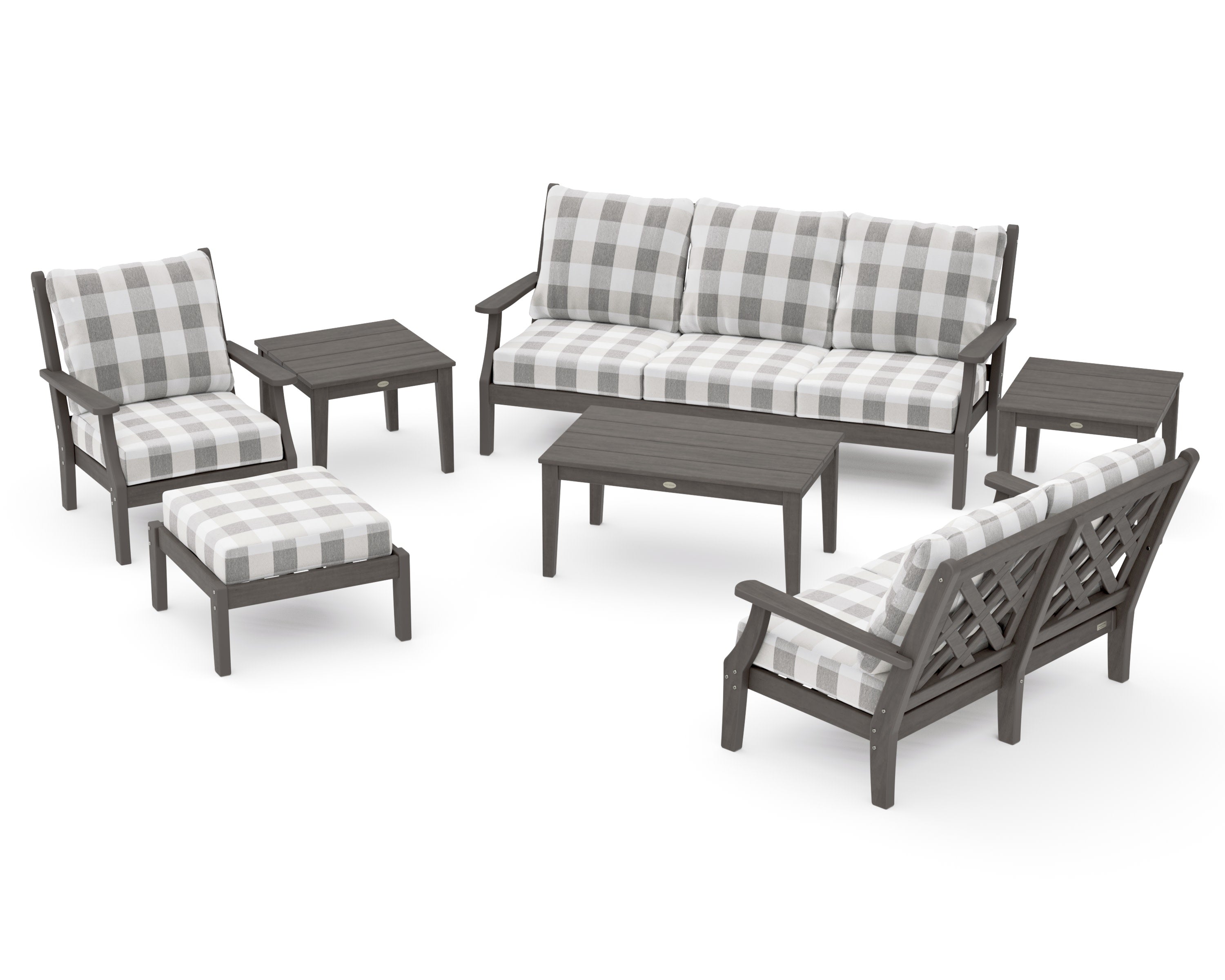 Wovendale 7-Piece Deep Seating Set in Driftwood / Buffalo Plaid Grey Mist