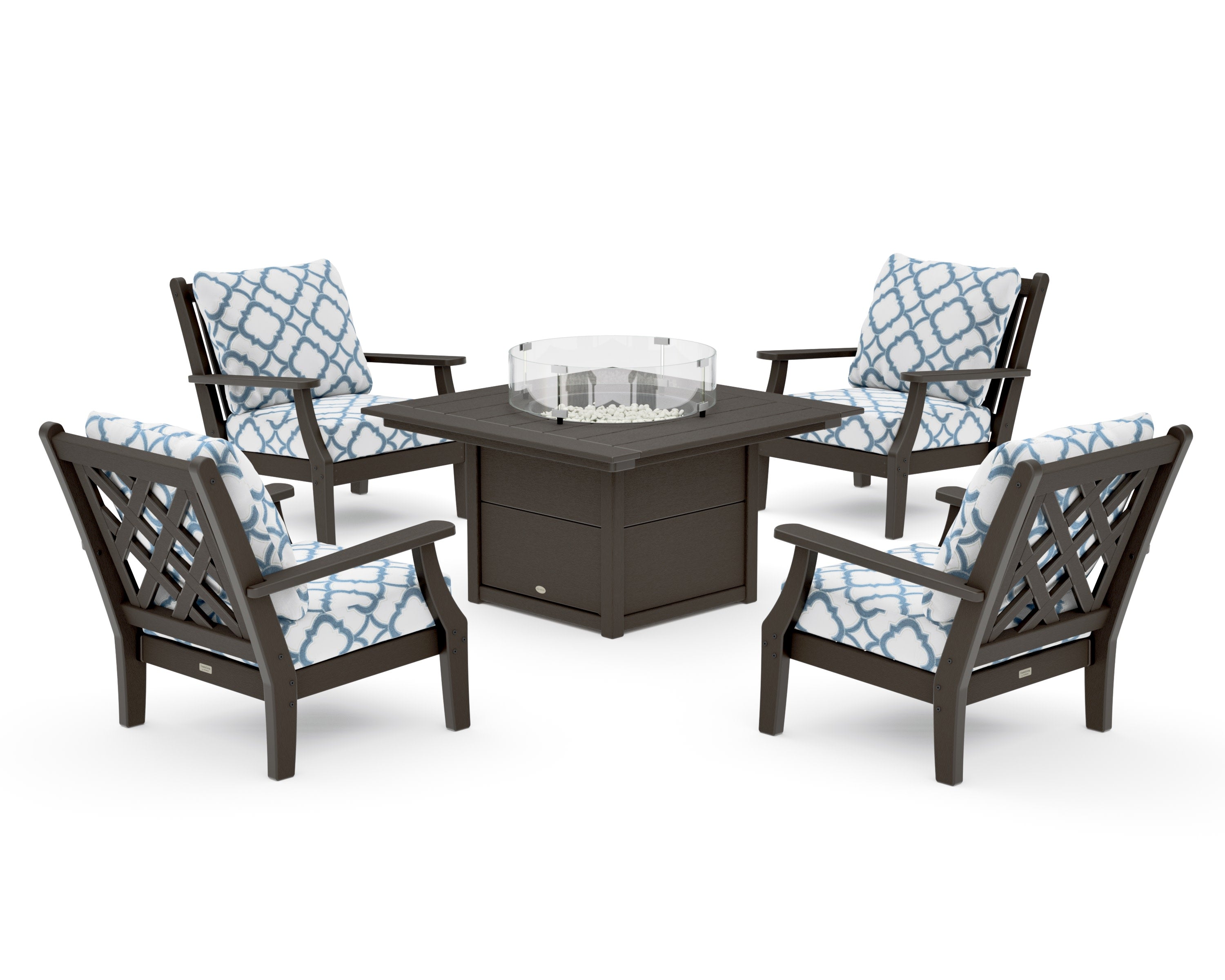Wovendale 5-Piece Deep Seating Set with Fire Pit Table in Vintage Coffee / Trellis Sky Blue
