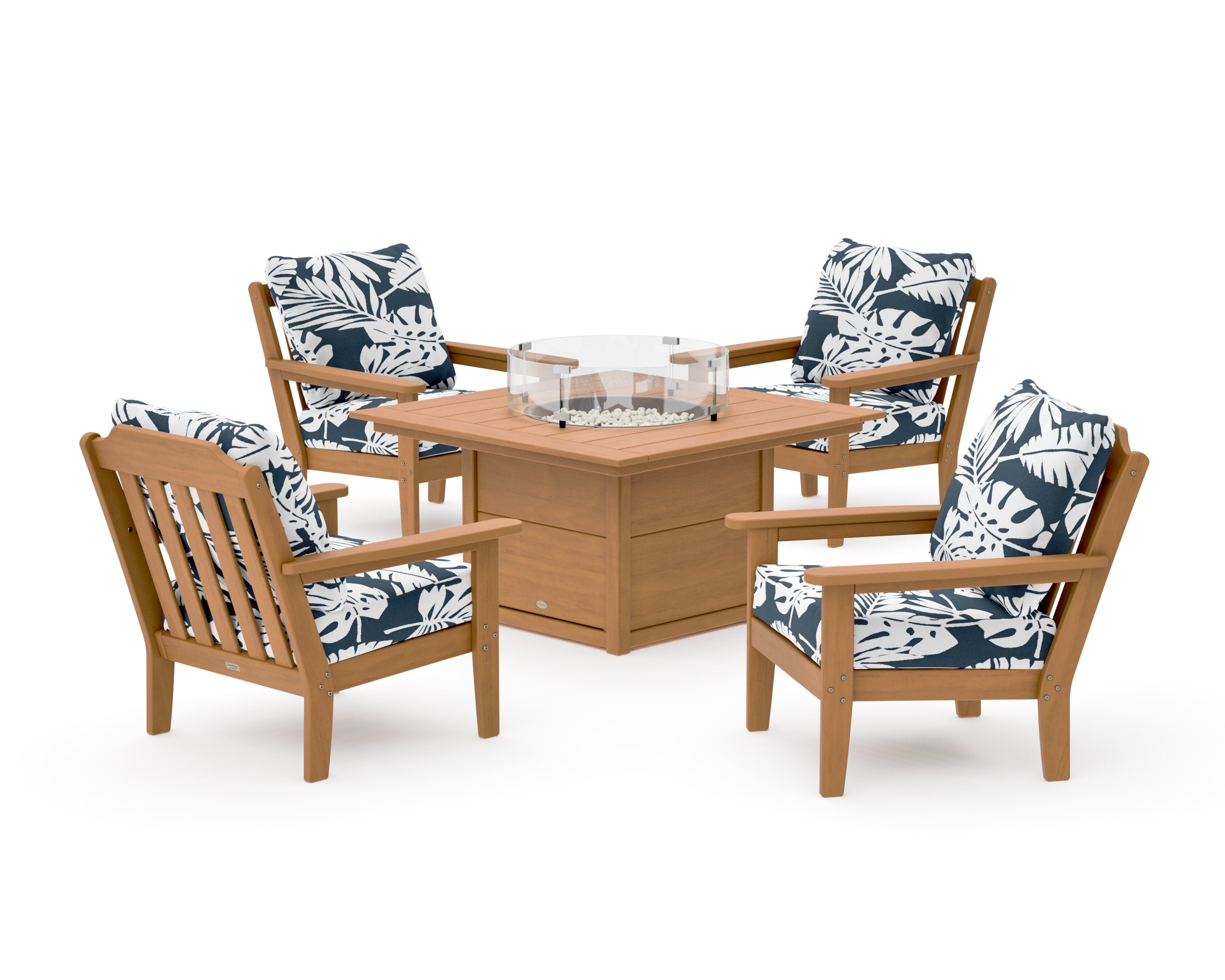 Cottage 5-Piece Deep Seating Set with Fire Pit Table in Natural / Leaf Marine Indigo