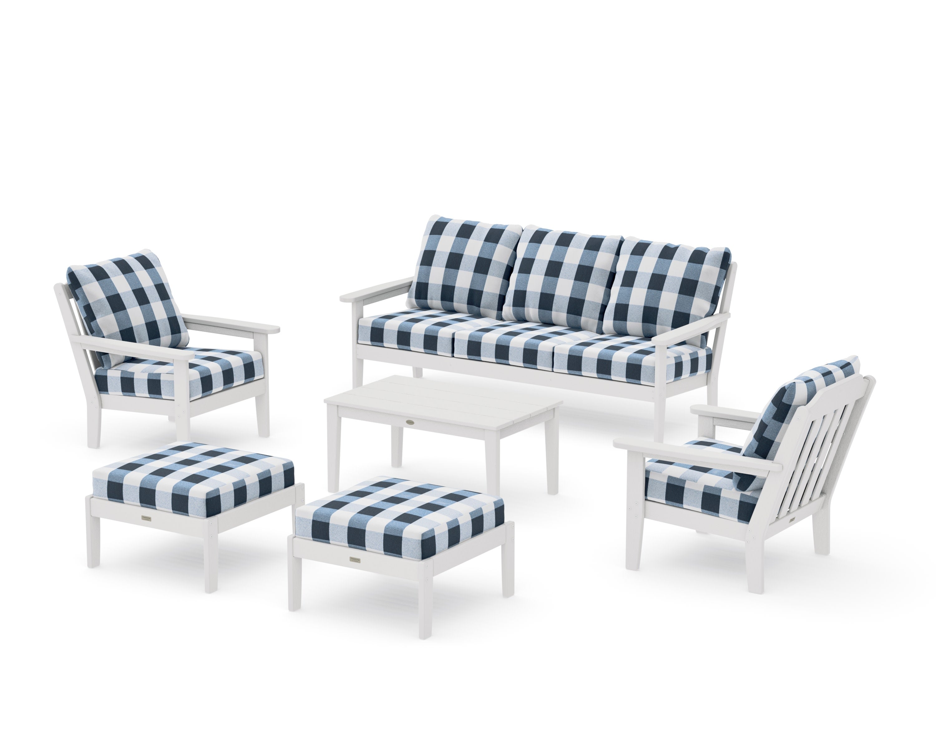 Cottage 6-Piece Lounge Sofa Set in Vintage White / Buffalo Plaid Marine Indigo