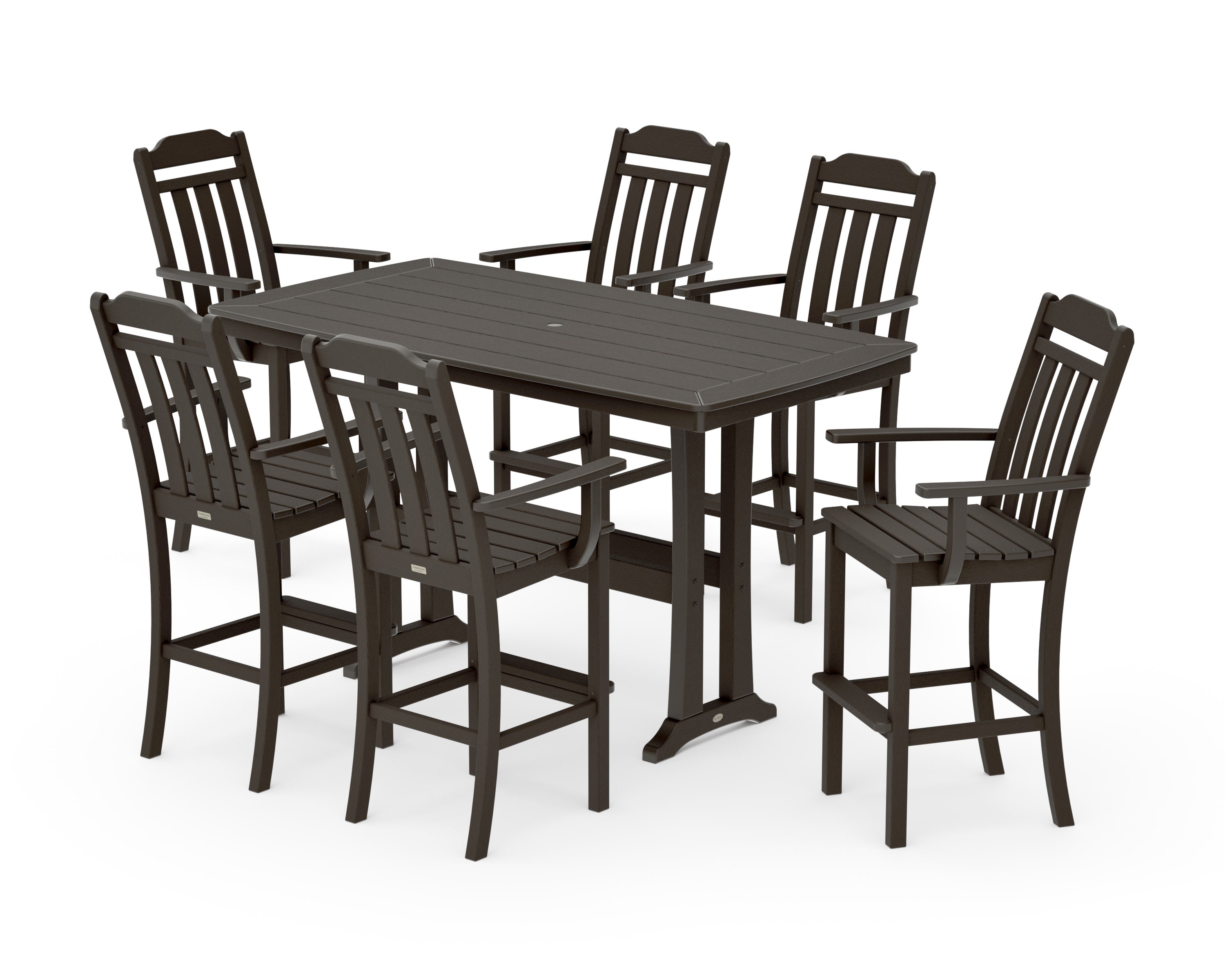 Cottage Arm Chair 7-Piece Bar Set with Trestle Legs in Vintage Coffee