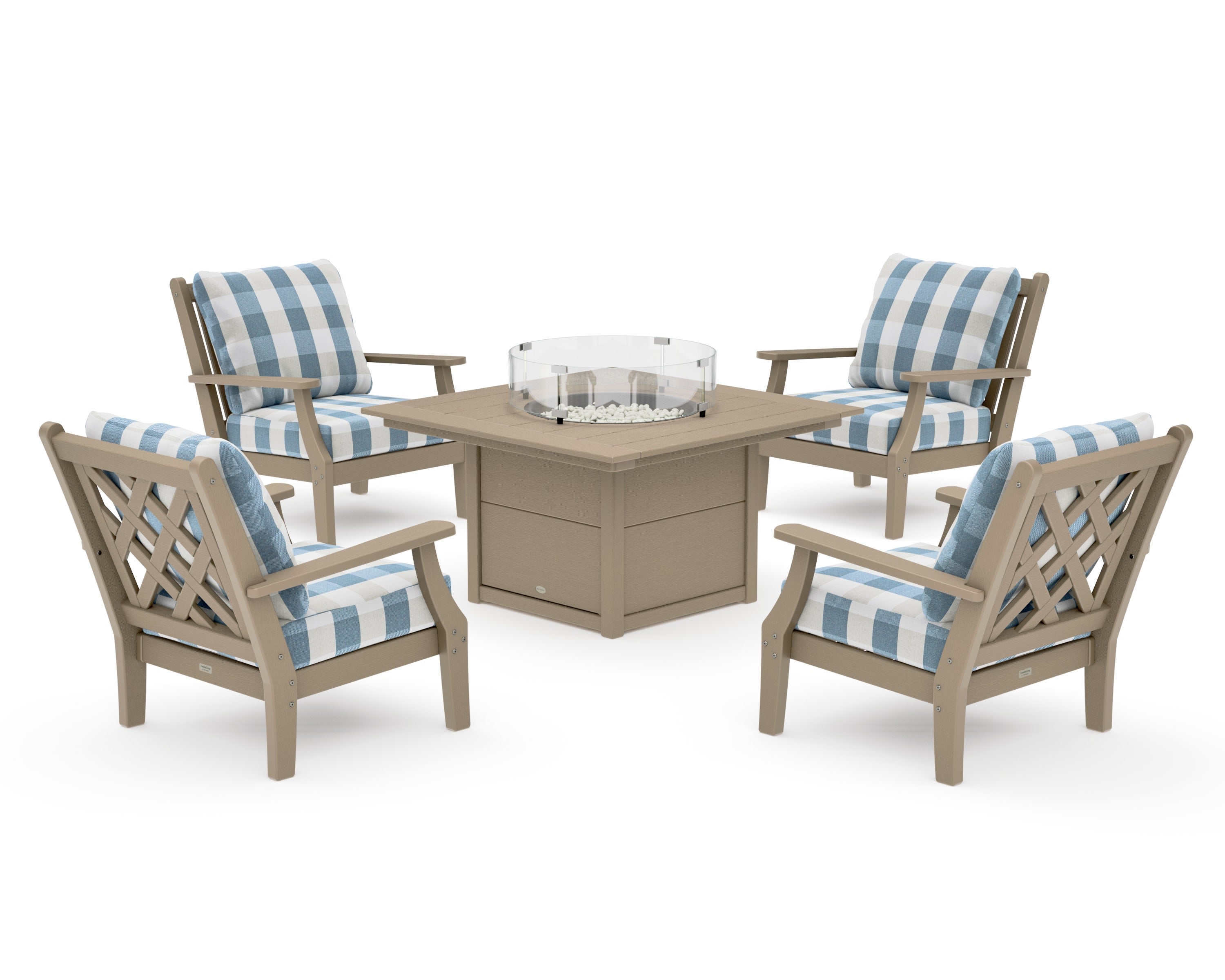 Wovendale 5-Piece Deep Seating Set with Fire Pit Table in Vintage Sahara / Buffalo Plaid Sky Blue
