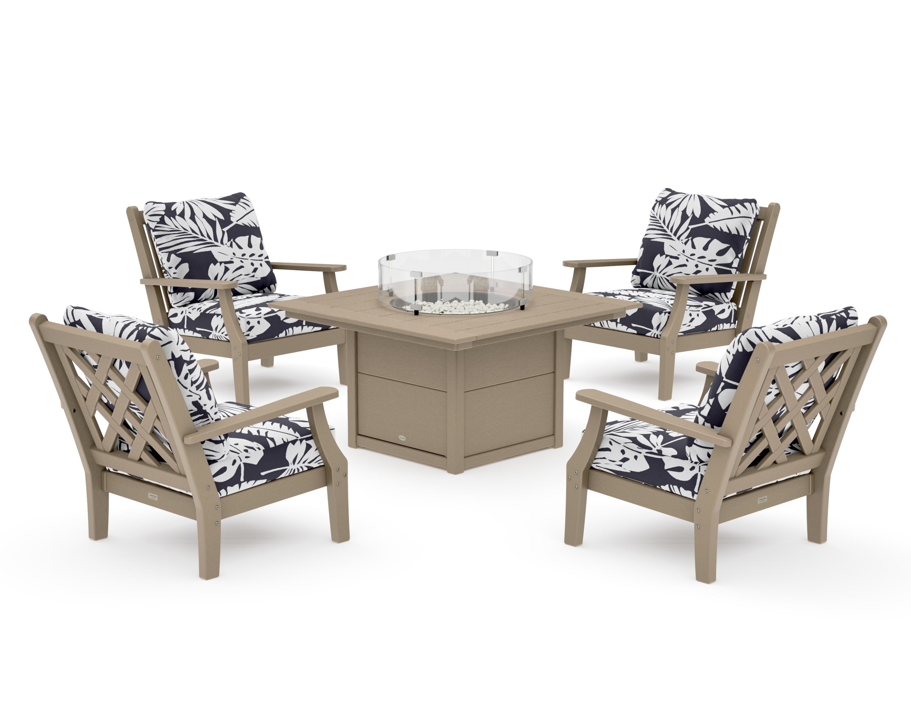 Wovendale 5-Piece Deep Seating Set with Fire Pit Table in Vintage Sahara / Leaf Navy