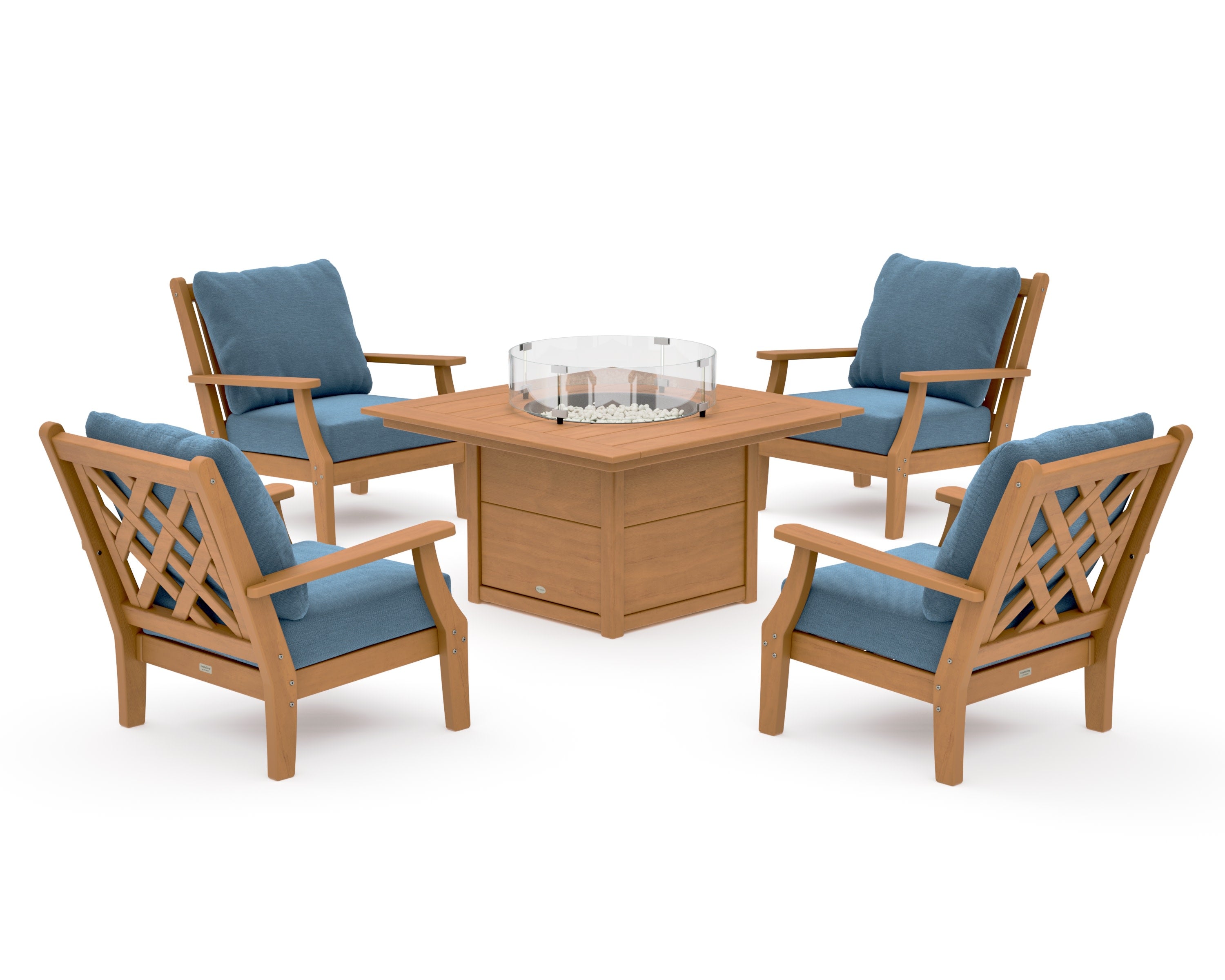 Wovendale 5-Piece Deep Seating Set with Fire Pit Table in Natural / Sky Blue