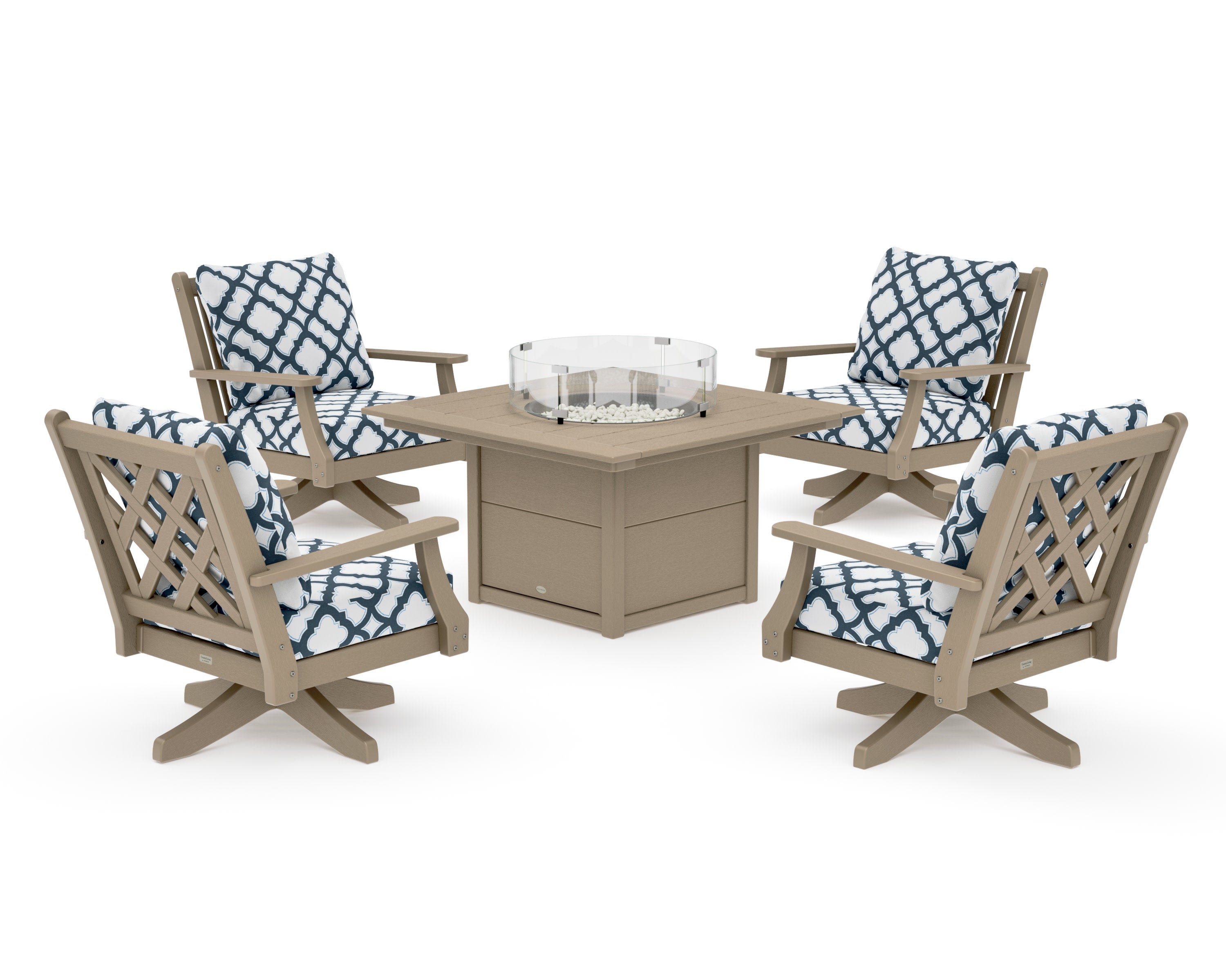 Wovendale 5-Piece Deep Seating Swivel Conversation Set with Fire Pit Table in Vintage Sahara / Trellis Marine Indigo