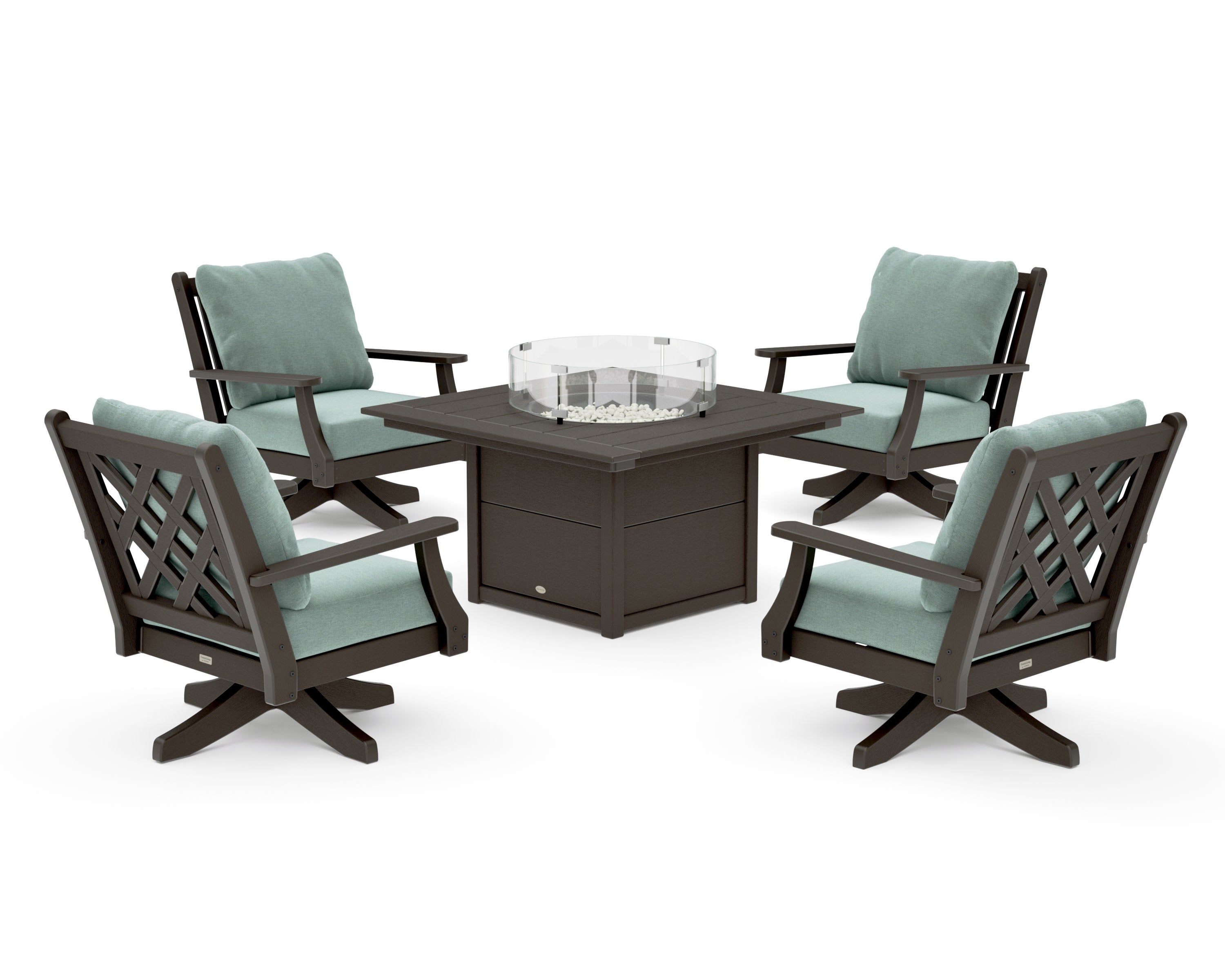 Wovendale 5-Piece Deep Seating Swivel Conversation Set with Fire Pit Table in Vintage Coffee / Glacier Spa