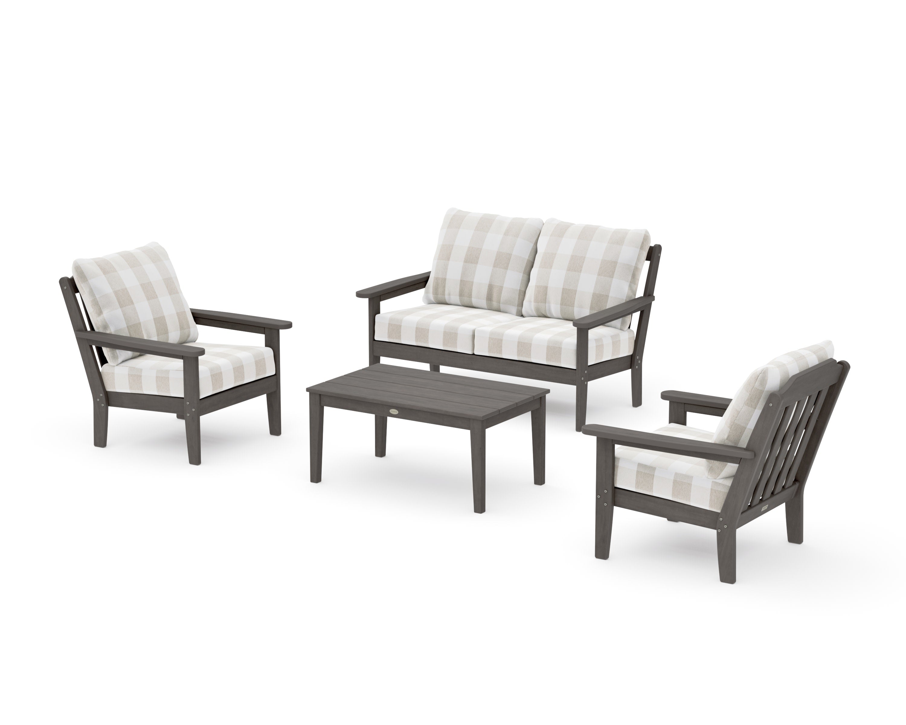 Cottage 4-Piece Deep Seating Set with Loveseat in Driftwood / Buffalo Plaid Dune Burlap