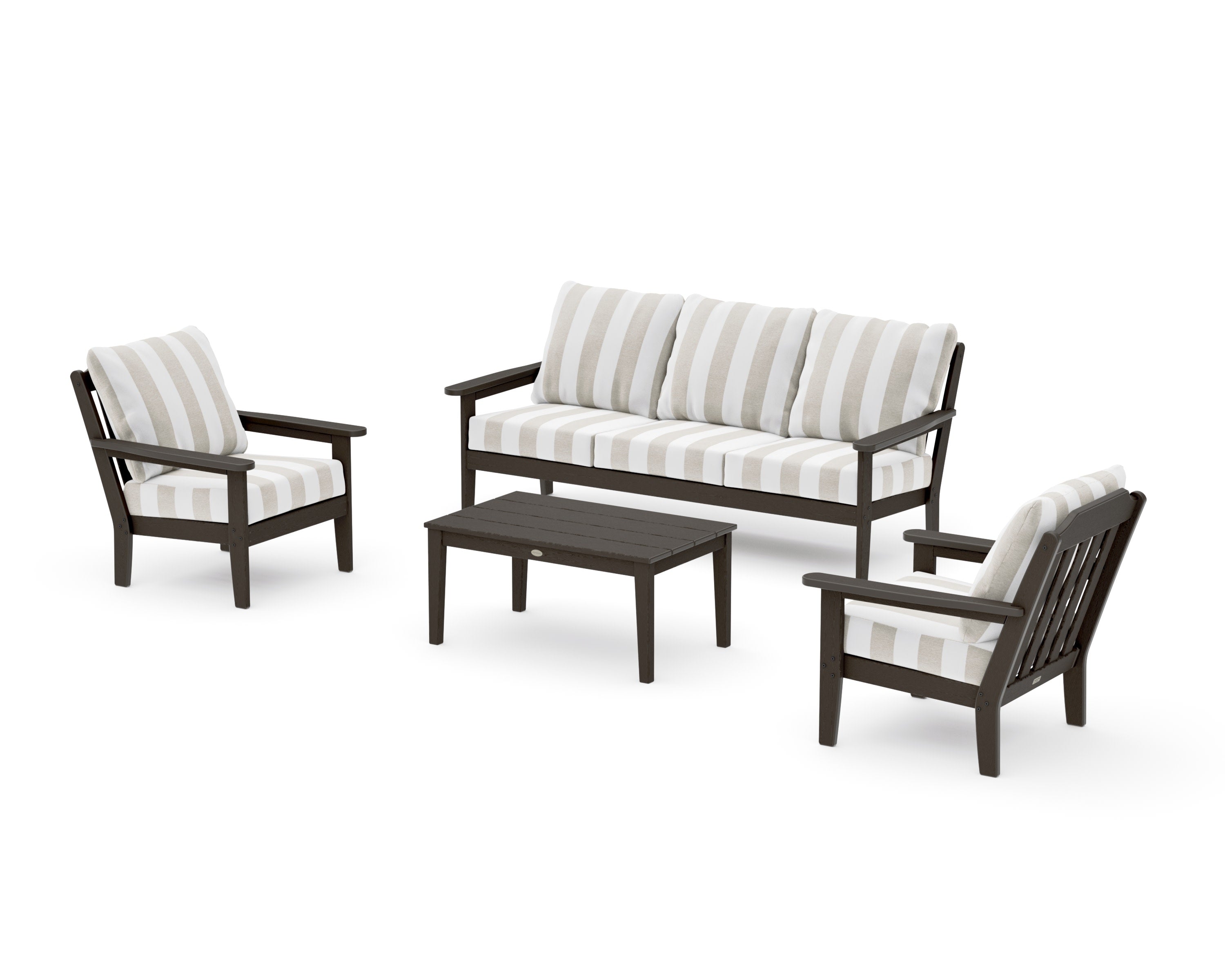 Cottage 4-Piece Deep Seating Set with Sofa in Vintage Coffee / Cabana Stripe Dune Burlap