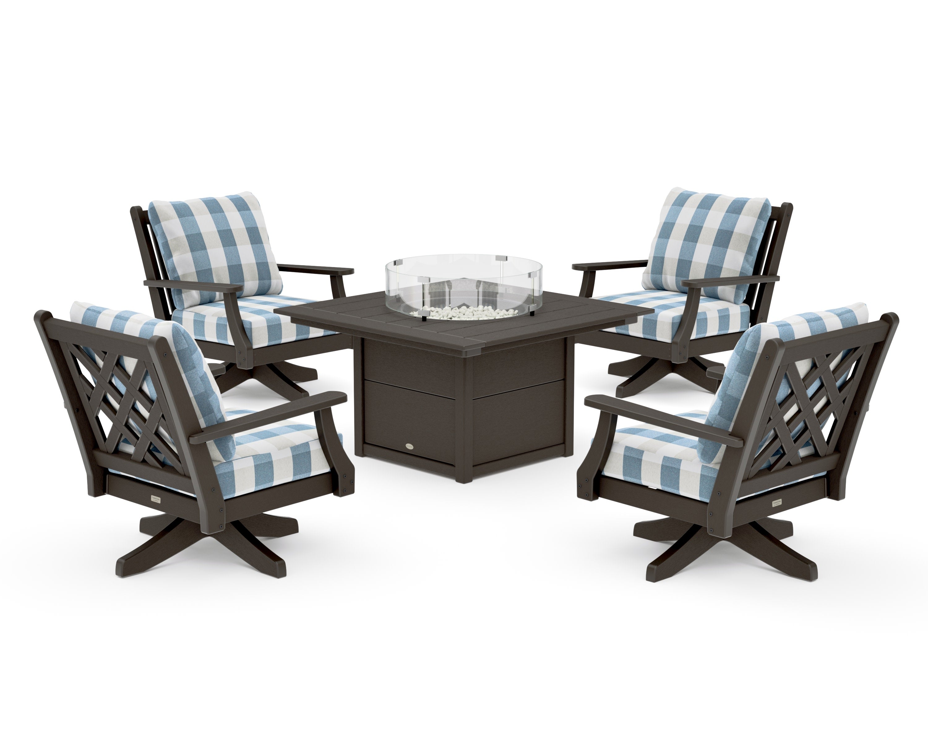 Wovendale 5-Piece Deep Seating Swivel Conversation Set with Fire Pit Table in Vintage Coffee / Buffalo Plaid Sky Blue