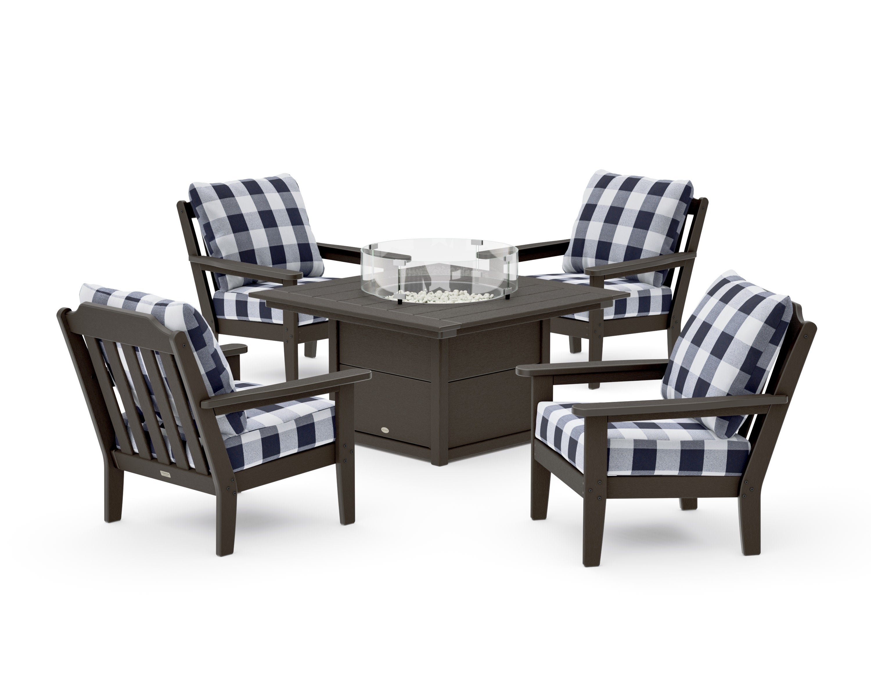 Cottage 5-Piece Deep Seating Set with Fire Pit Table in Vintage Coffee / Buffalo Plaid Navy