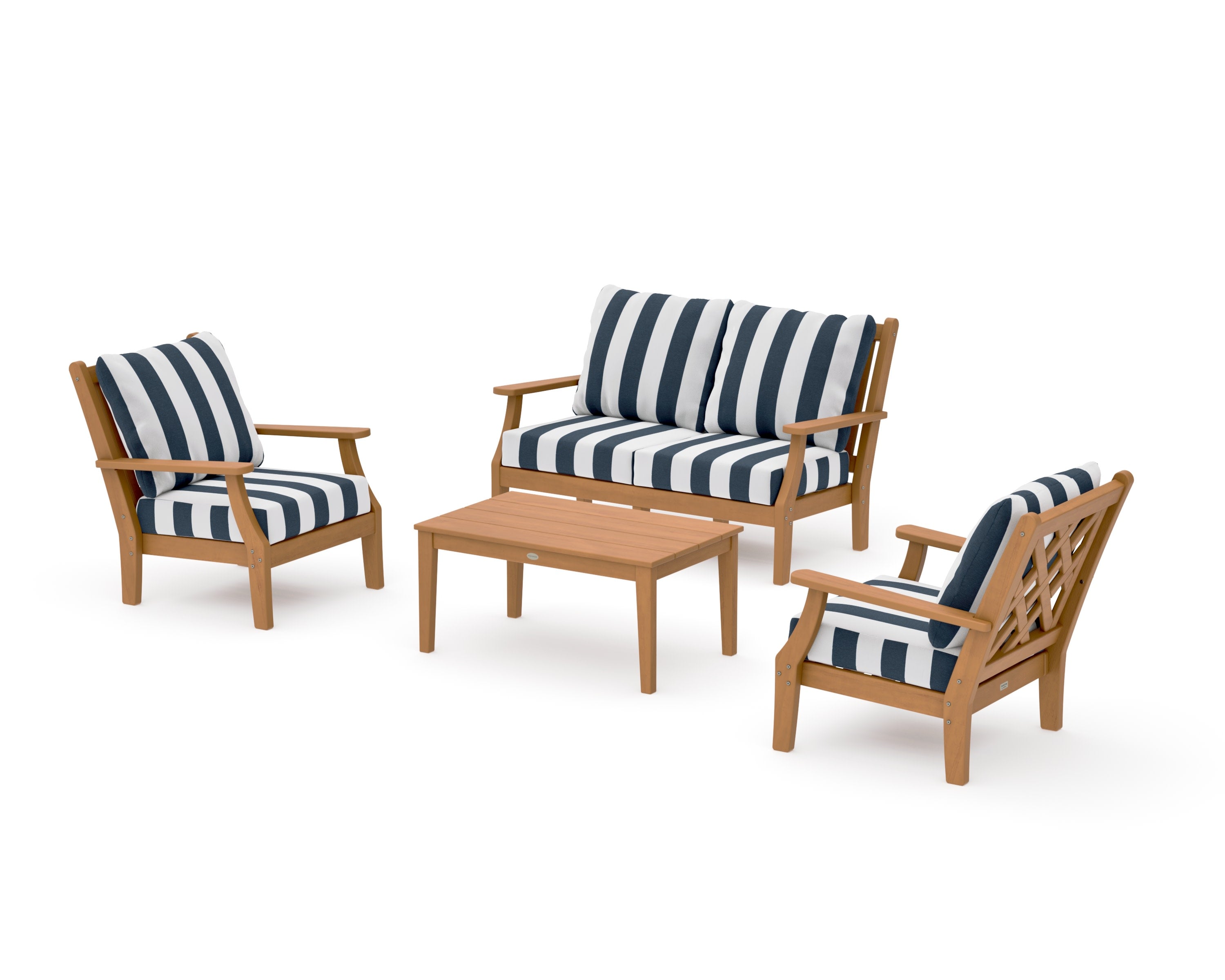 Wovendale 4-Piece Deep Seating Set with Loveseat in Natural / Cabana Stripe Marine Indigo