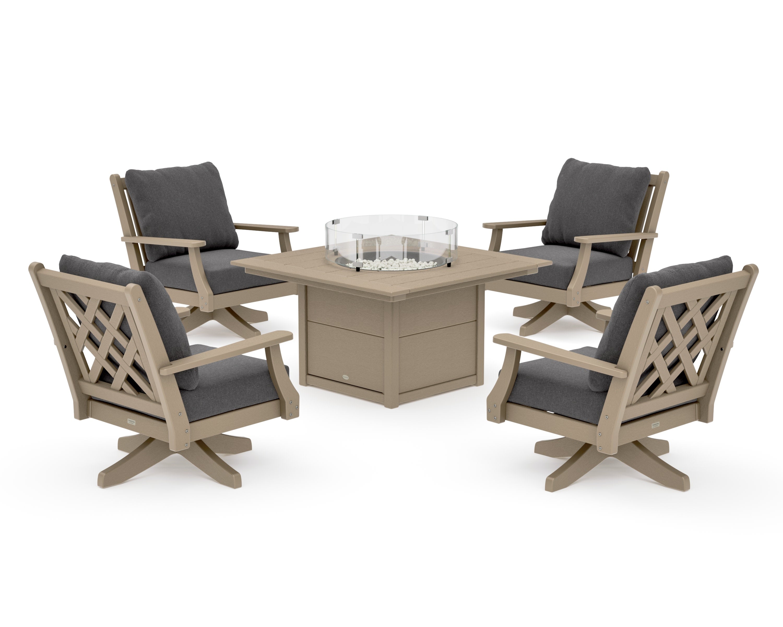 Wovendale 5-Piece Deep Seating Swivel Conversation Set with Fire Pit Table in Vintage Sahara / Ash Charcoal