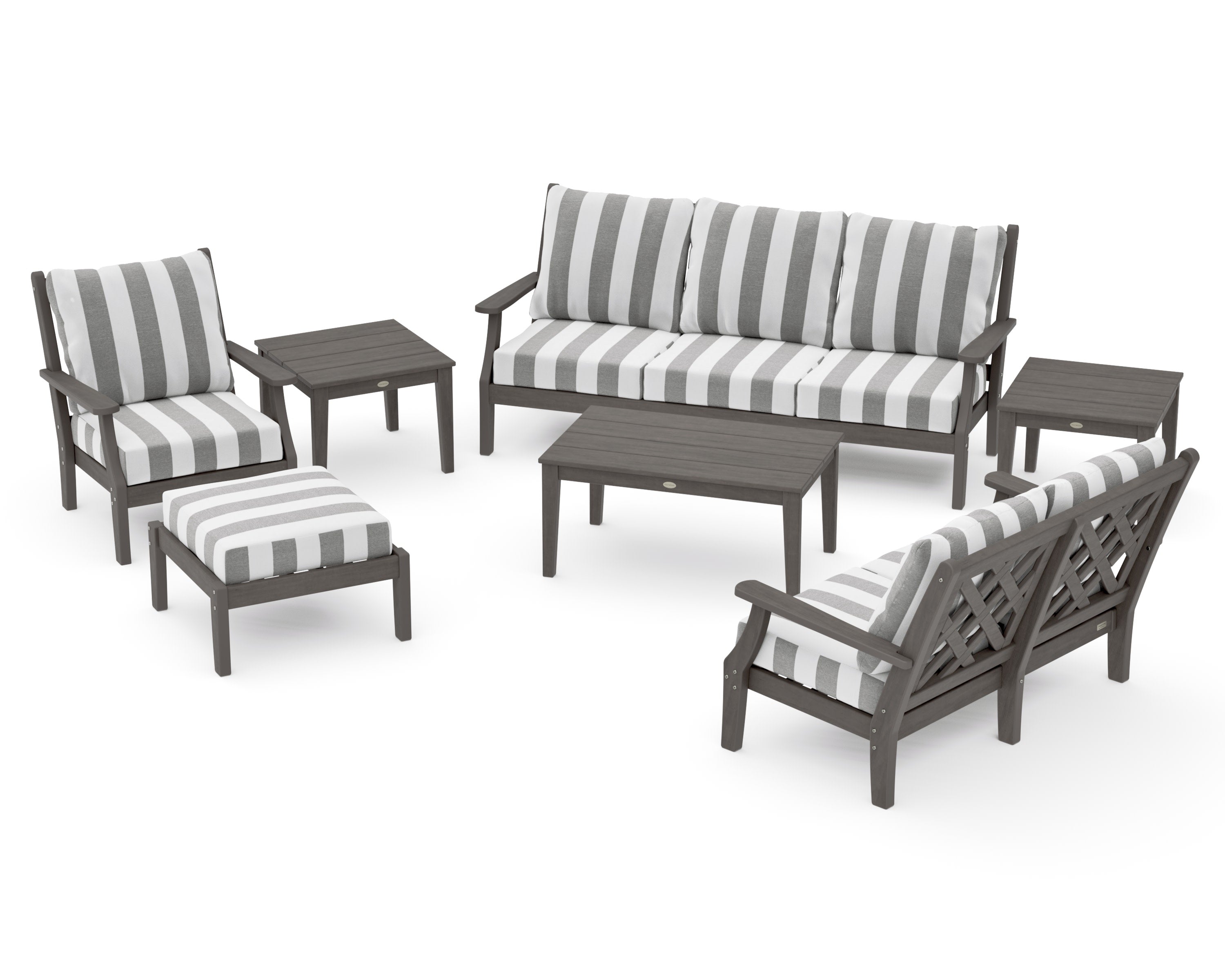 Wovendale 7-Piece Deep Seating Set in Driftwood / Cabana Stripe Grey Mist