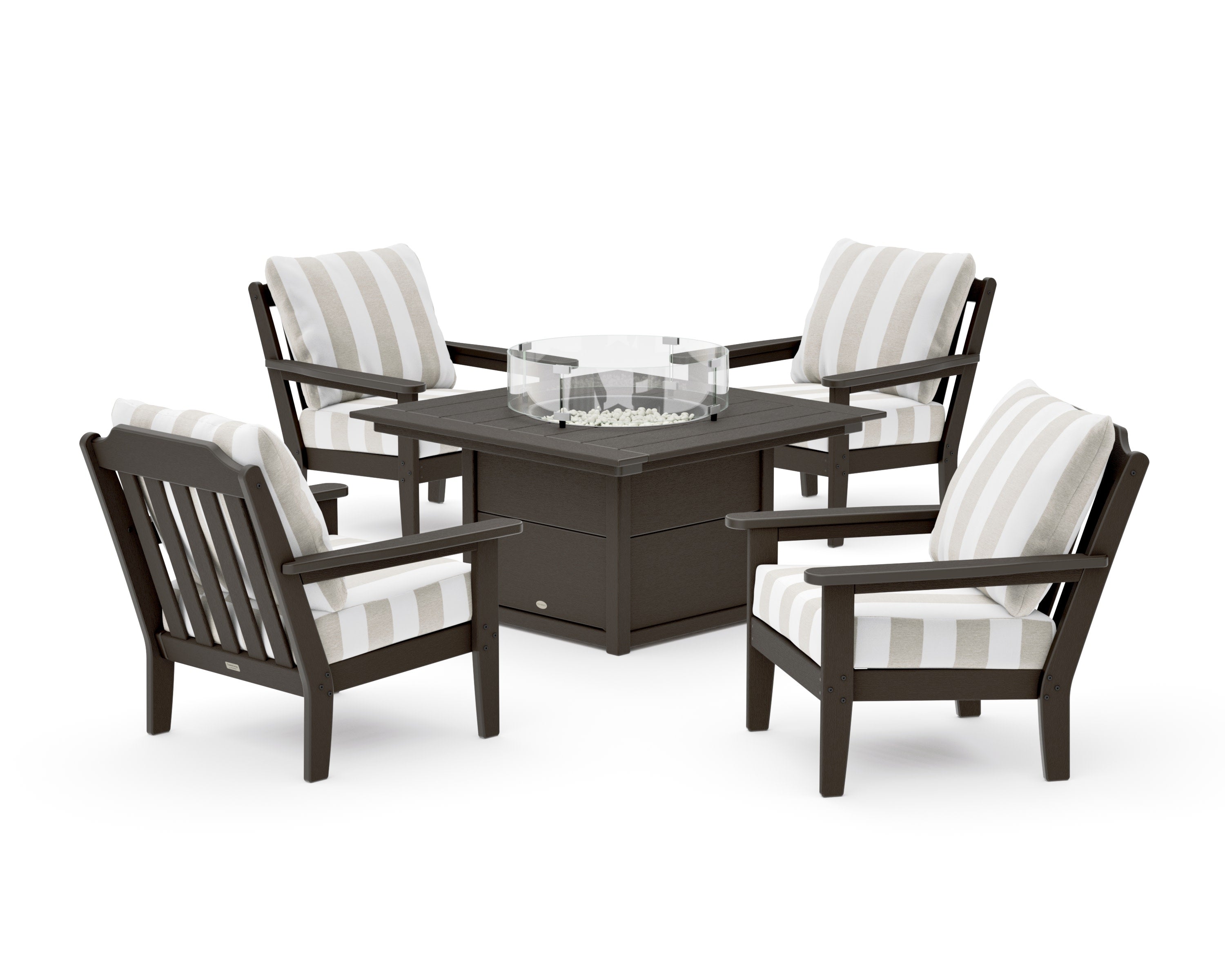 Cottage 5-Piece Deep Seating Set with Fire Pit Table in Vintage Coffee / Cabana Stripe Dune Burlap