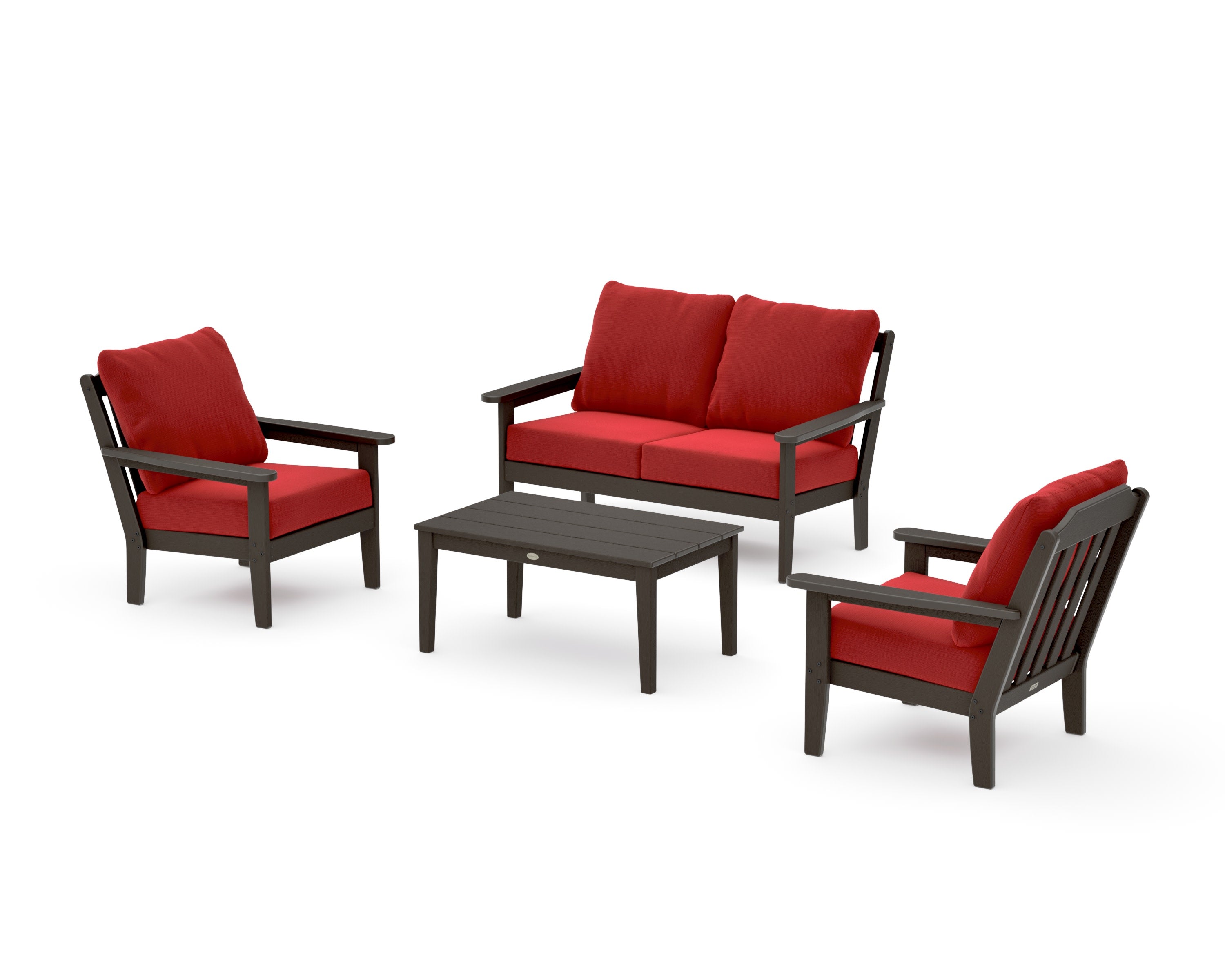 Cottage 4-Piece Deep Seating Set with Loveseat in Vintage Coffee / Crimson Linen