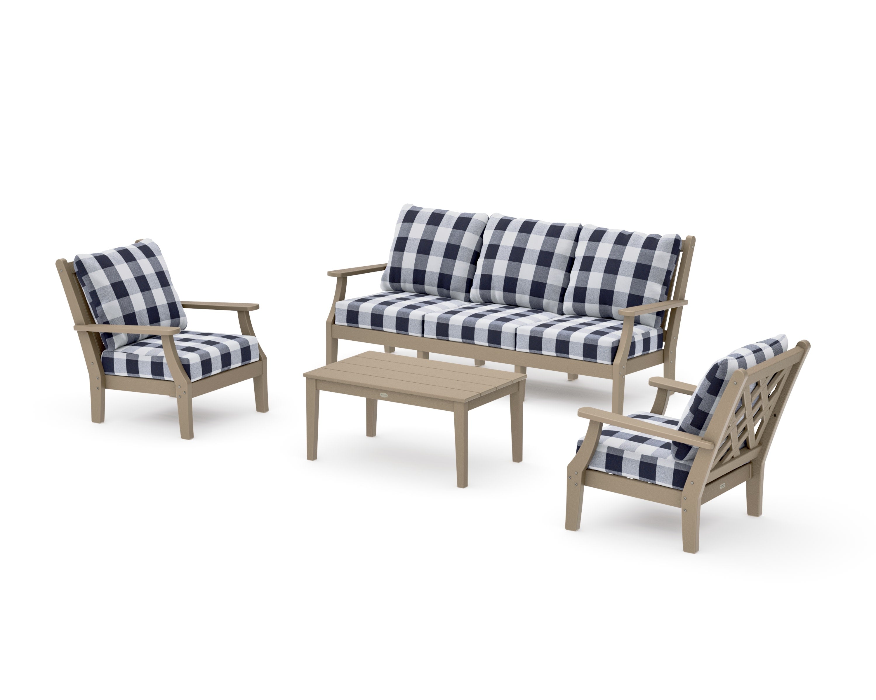 Wovendale 4-Piece Deep Seating Set with Sofa in Vintage Sahara / Buffalo Plaid Navy
