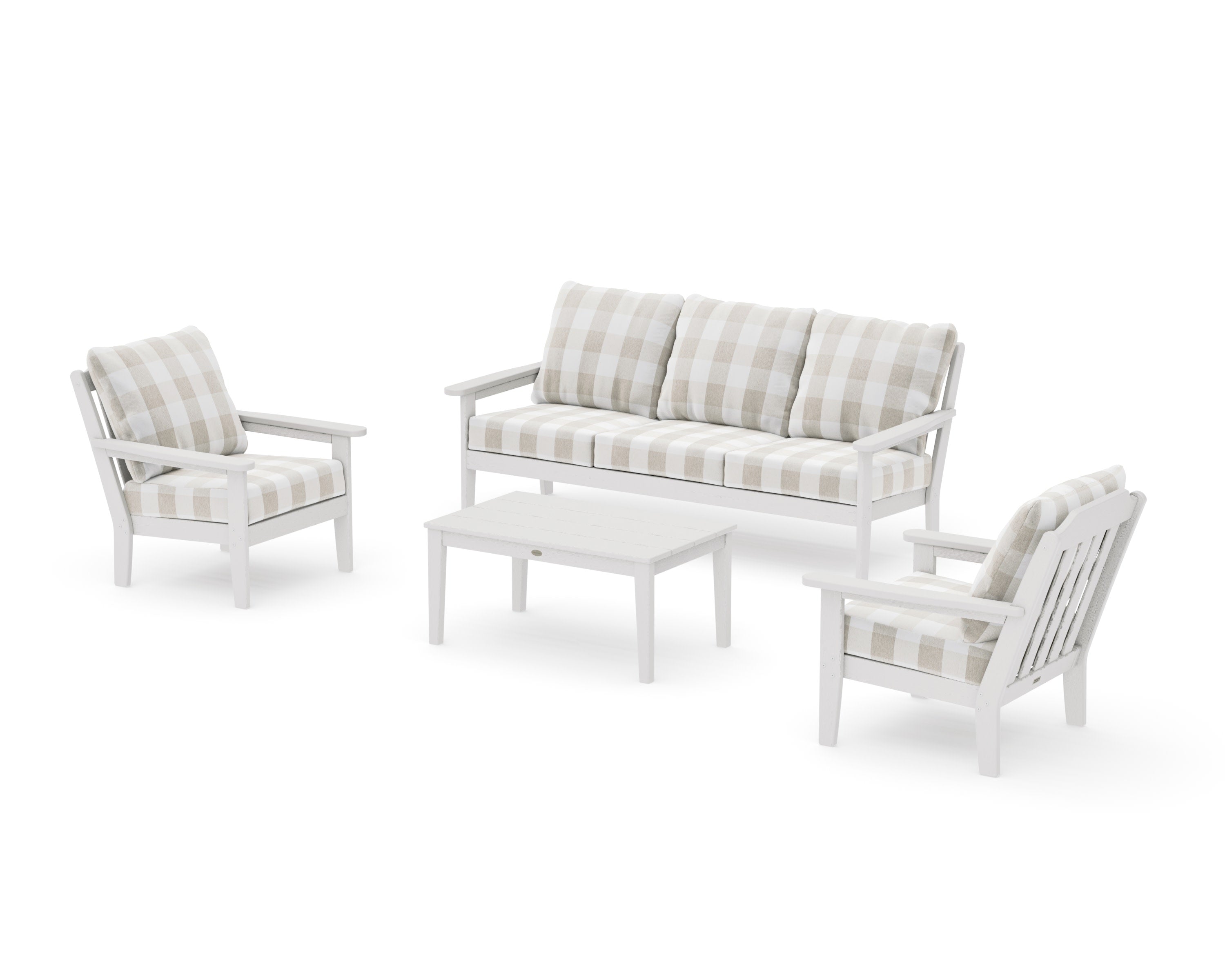 Cottage 4-Piece Deep Seating Set with Sofa in Vintage White / Buffalo Plaid Dune Burlap
