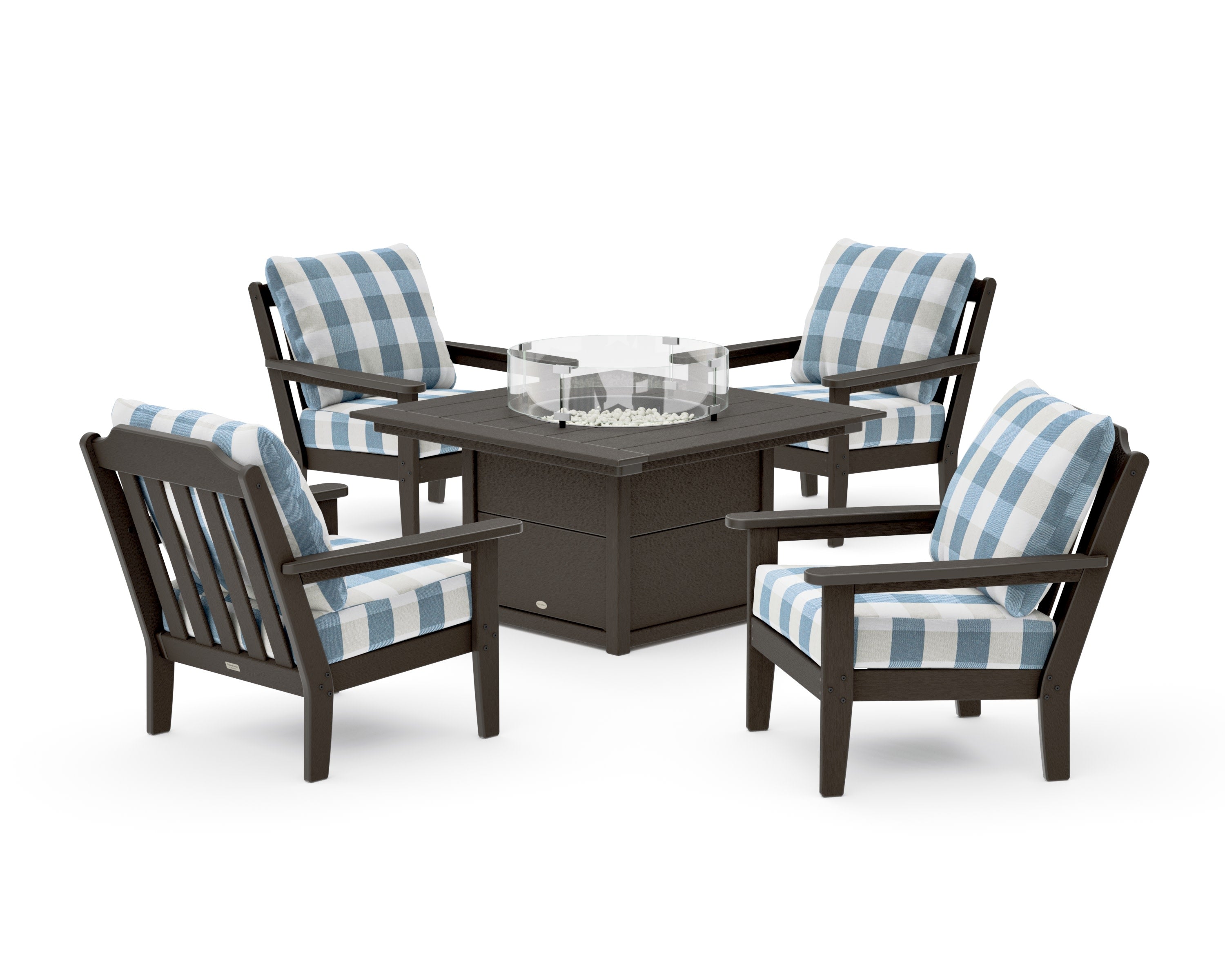 Cottage 5-Piece Deep Seating Set with Fire Pit Table in Vintage Coffee / Buffalo Plaid Sky Blue