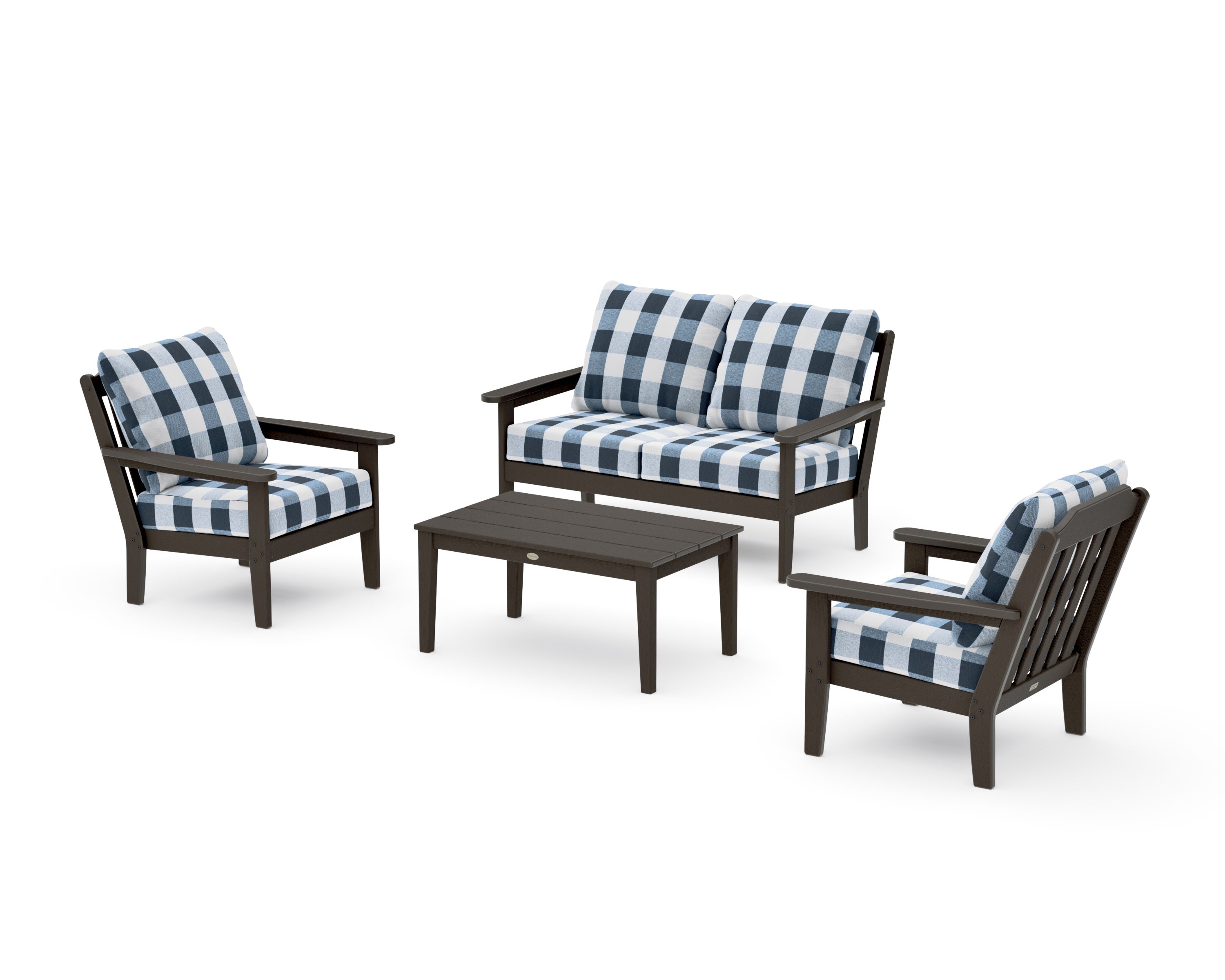Cottage 4-Piece Deep Seating Set with Loveseat in Vintage Coffee / Buffalo Plaid Marine Indigo