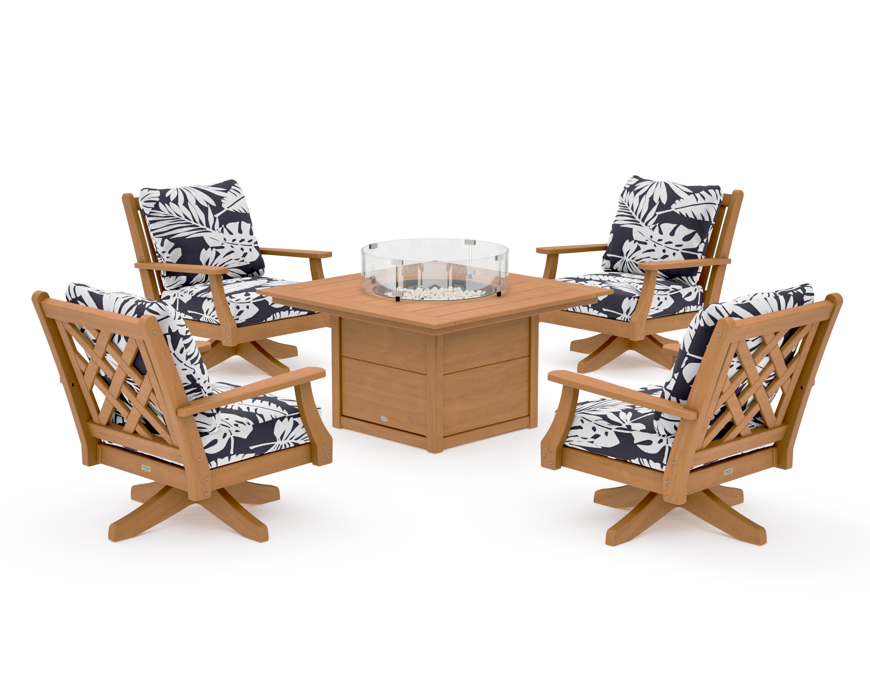 Wovendale 5-Piece Deep Seating Swivel Conversation Set with Fire Pit Table in Natural / Leaf Navy
