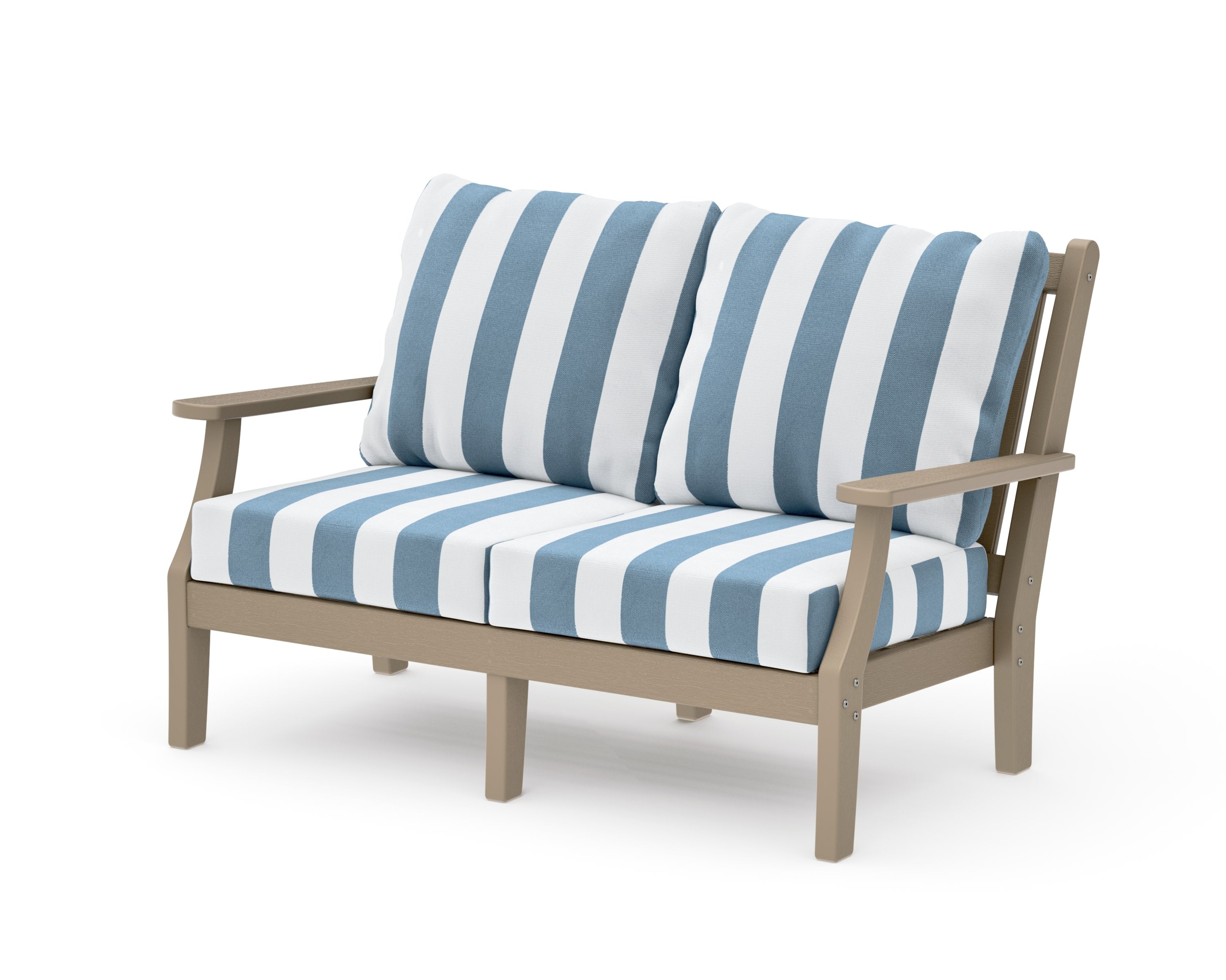 Wovendale Deep Seating Loveseat in Vintage Sahara / Cabana Stripe Sky Blue