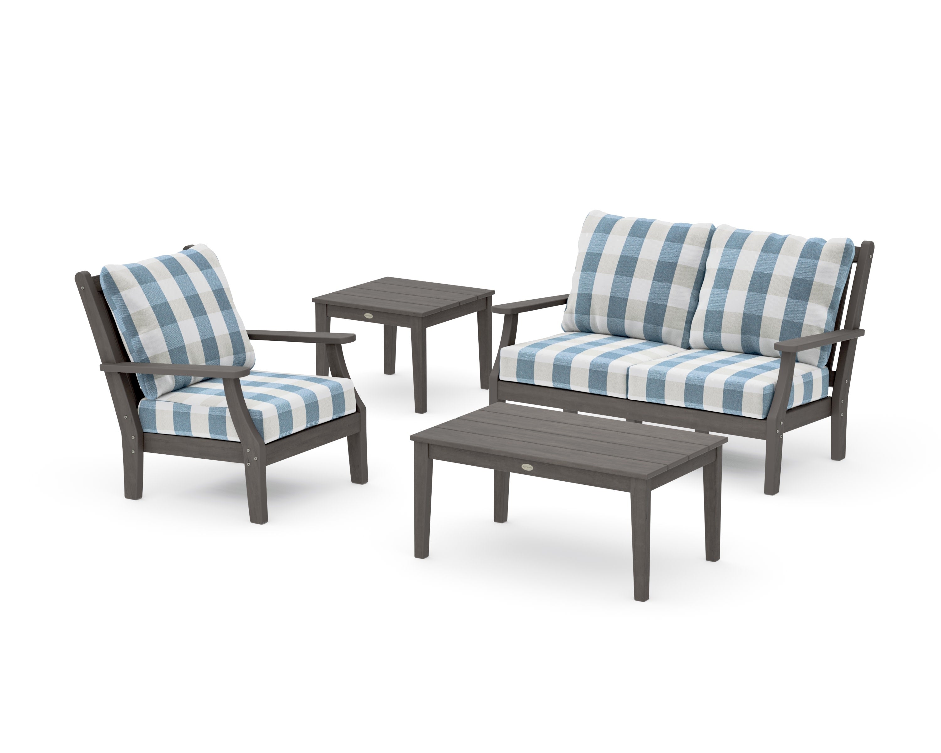 Wovendale 4-Piece Deep Seating Set in Driftwood / Buffalo Plaid Sky Blue
